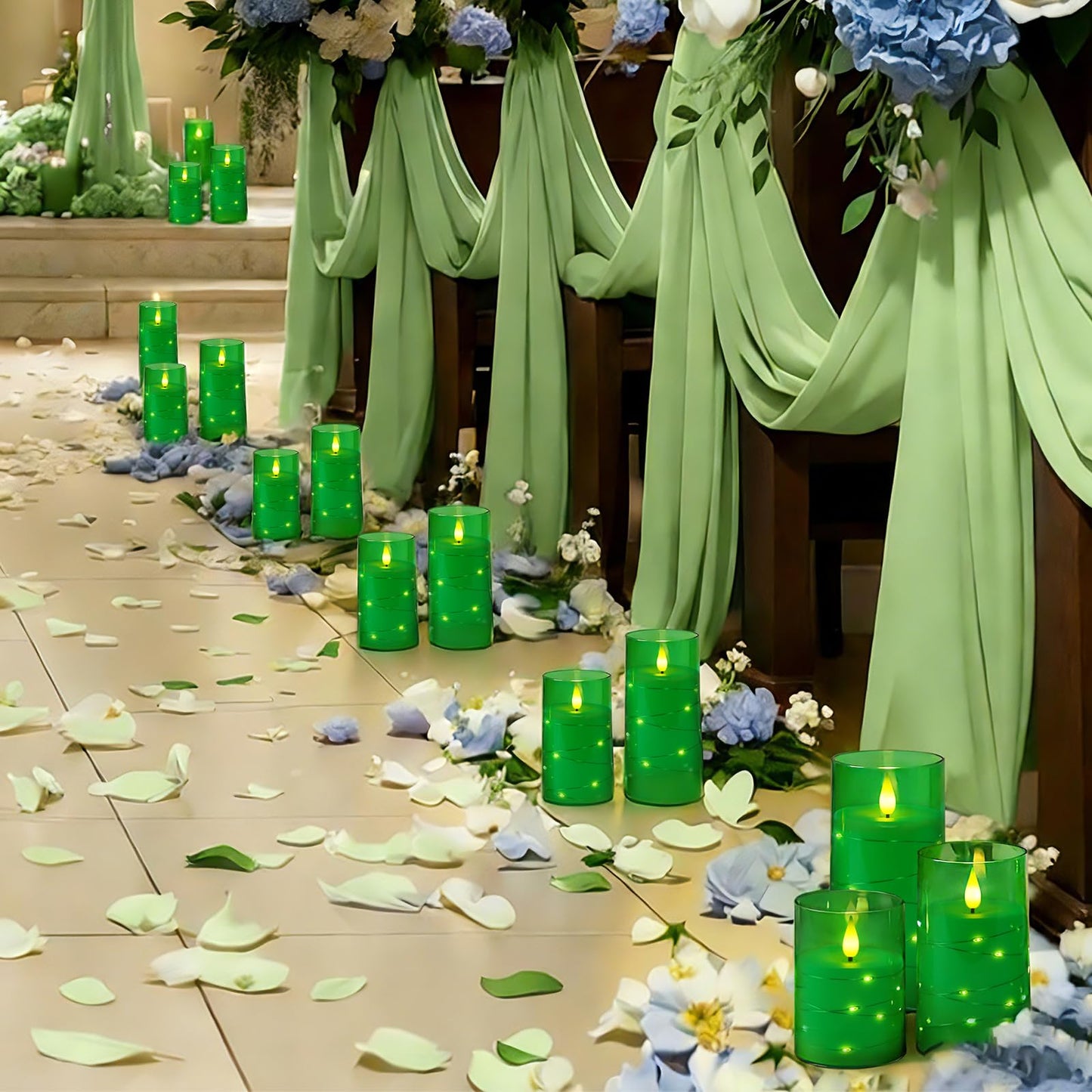 Homemory St. Patrick's Day Flameless Candles with Embedded Star String Fairy Lights, Green Battery Operated Candles, LED Candle, Fake Candles with Remote Control and Timer, Set of 3(H 4" 5" 6”)