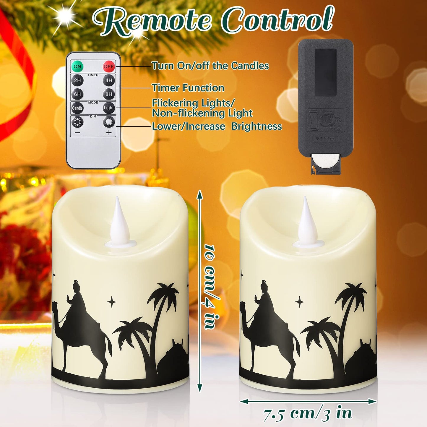 Treela 2 Pieces Christmas Flameless LED Candles with 8h Timer, Battery Operated Plastic Pillar Rustic Candles Warm Light with Decals for Adventure Table Home Decor, D3 x H6 (Nativity)
