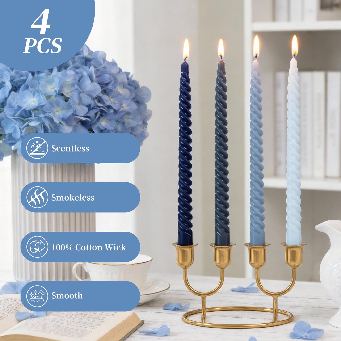 Blue Spiral Taper Candles, 10 inch Gradient Twisted Candles,4 Pack Unscented and Smokeless Long Burning Candles with Cotton Wicks,Tall Candlesticks,Ideal for Weddings, Dinner Parties, and Home Décor