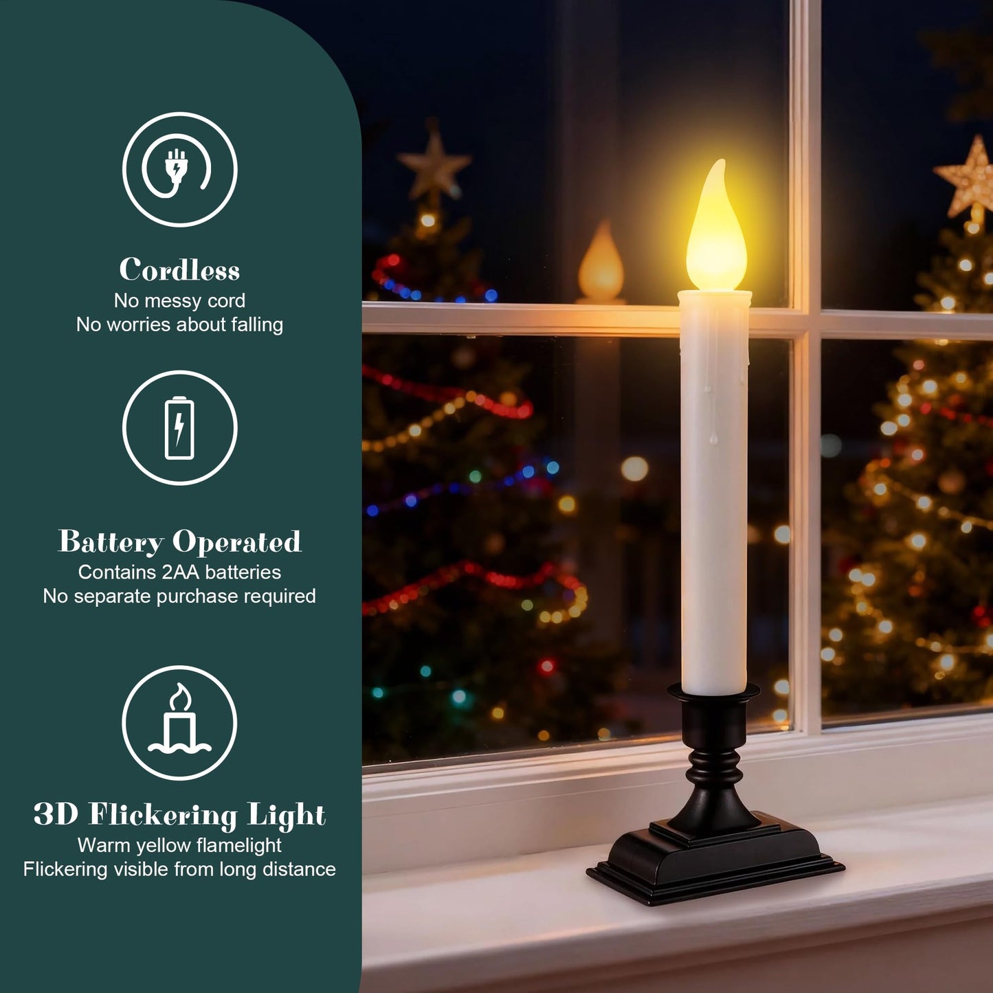 Enhon 6 Pack Battery Operated LED Window Candles, Dusk to Dawn Light Sensor, with Black Holders and Suction Cups, Ivory Christmas Window Candles, Amber Flicker Flame (Batteries AA Included)