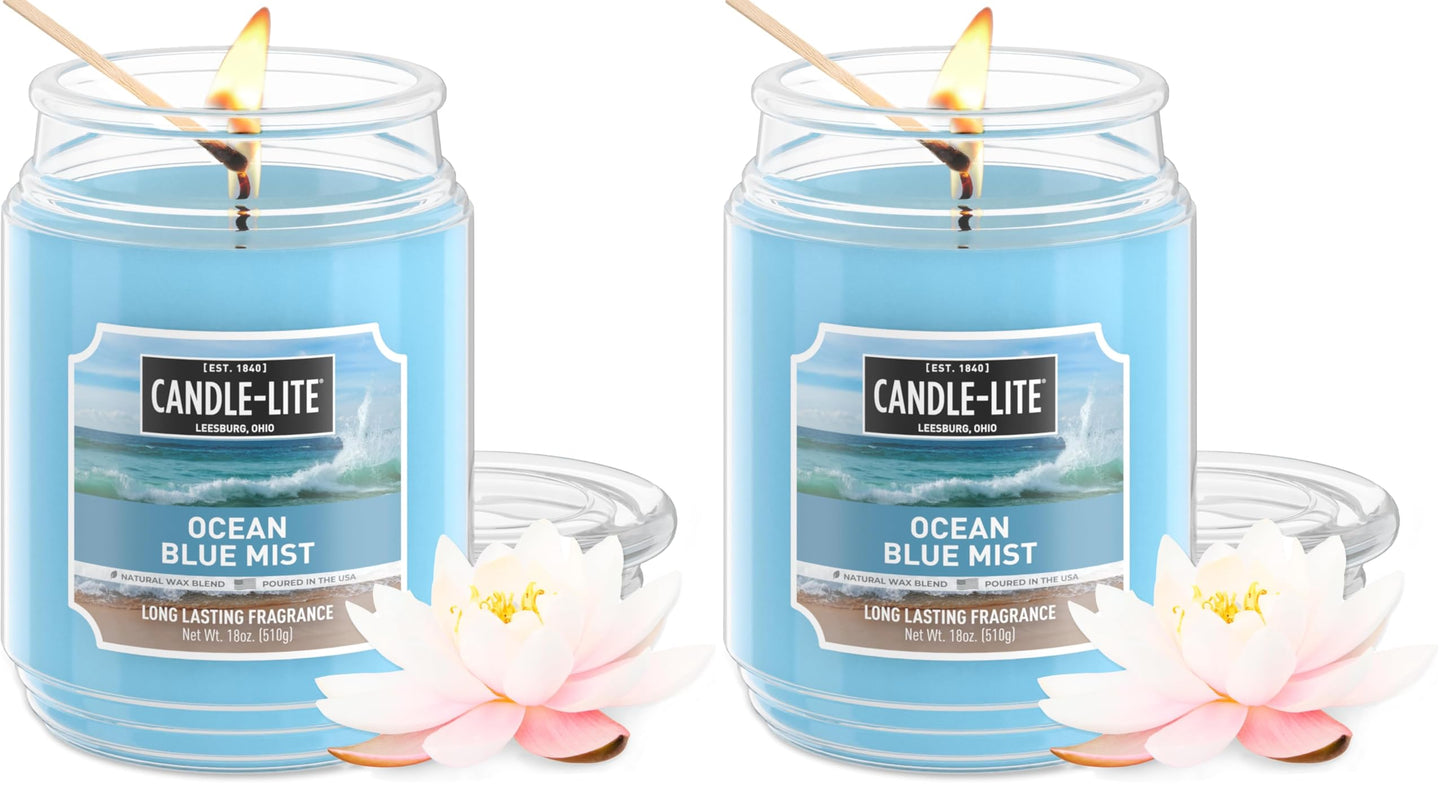 CANDLE-LITE Scented Ocean Blue Mist Fragrance, One 18 oz. Single-Wick Aromatherapy Candle with 110 Hours of Burn Time, Light Color (Individual Box) (Pack of 2)