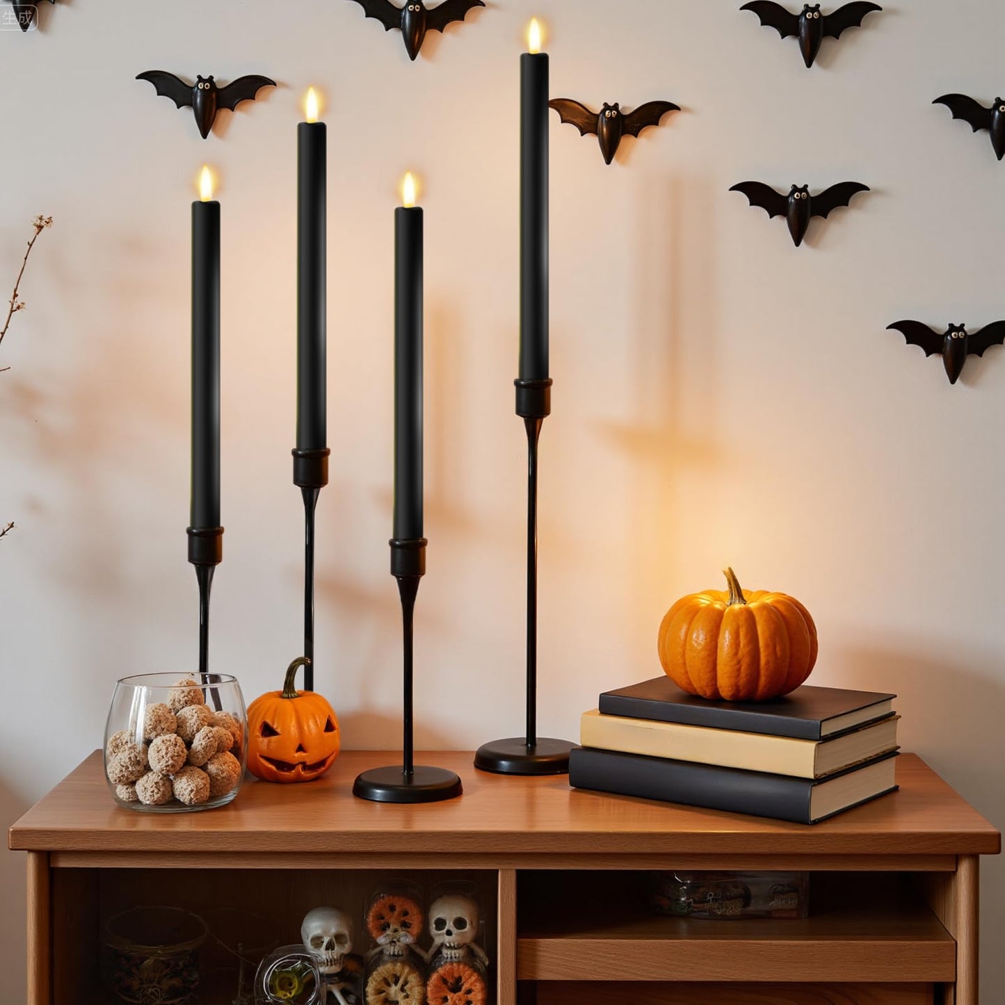 Sunjas 6PCS Flameless Taper Candles with 3D Flickering Flame Battery Operated Candles with 2 Remote with Button Cell Battery 10 Inch Black LED Candlesticks Window Candle for Christmas Home Decor