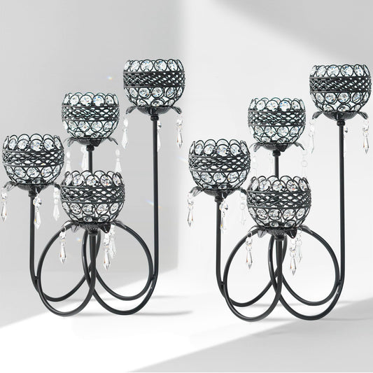 4 Arms Crystal Candelabra Tealight Holder - Tall 15.7 Inch Elegant Centerpiece with Crystal Pendant Bowls & Artistic Metal Stand for Wedding, Dining Table, Home Decor (2, Black)