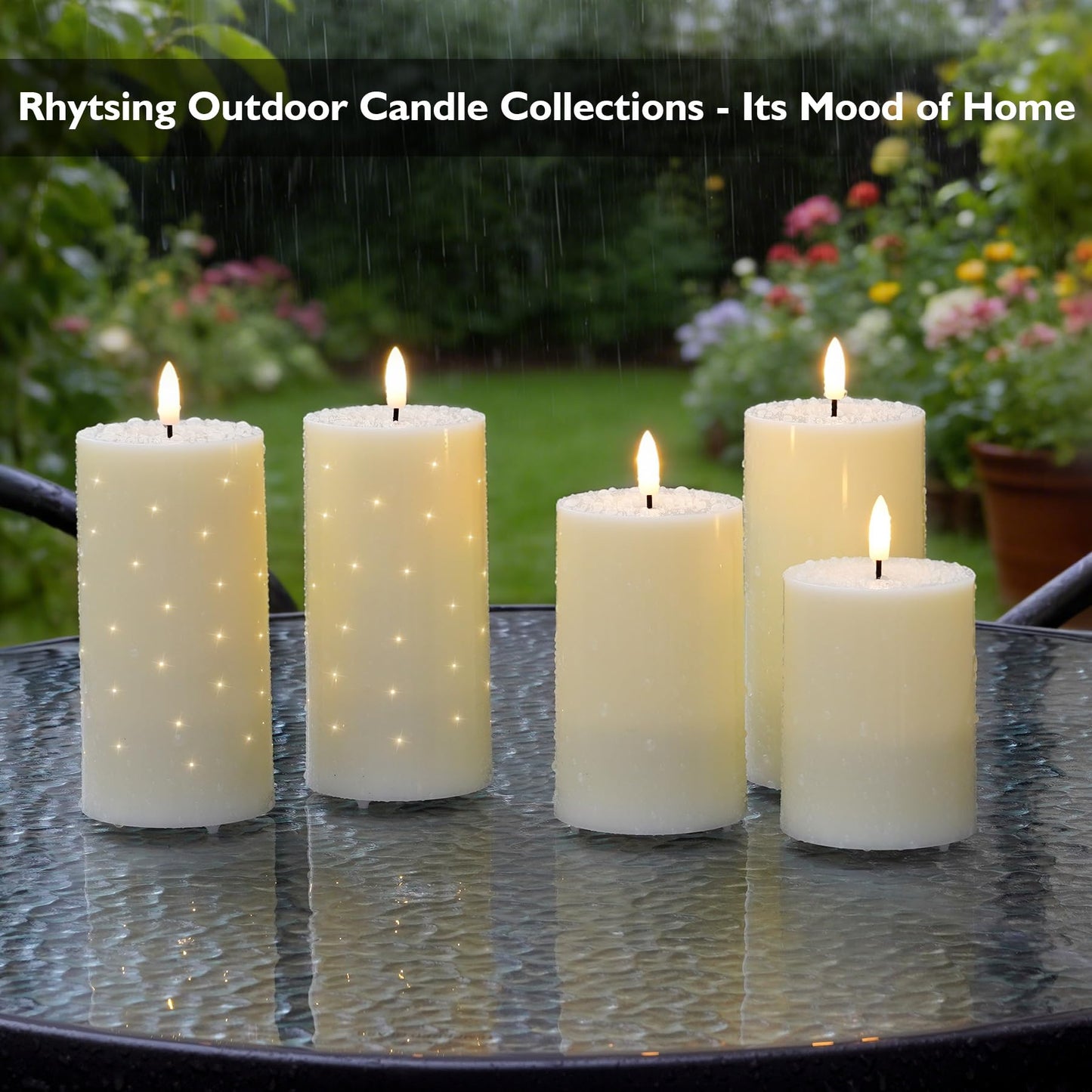 Rhytsing 6 Inches Water-Resistant LED Candles with Twinkle Fiber Optic Lights and Remote, Outdoor Battery Operated Candles for Garden, Bathroom and Patio - Set of 2
