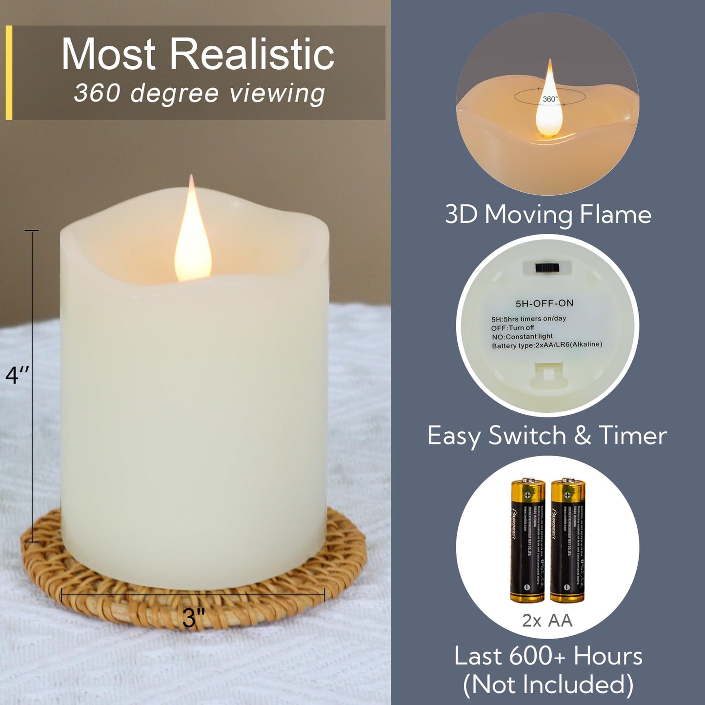 TECHLONG Flameless Candles Battery Operated with Timer, 3D Moving Flame Flickering, Last 600+ Hours Battery Candles, 3" x 4" Ivory Real Wax Electric LED Candle for Wedding Party Decorations