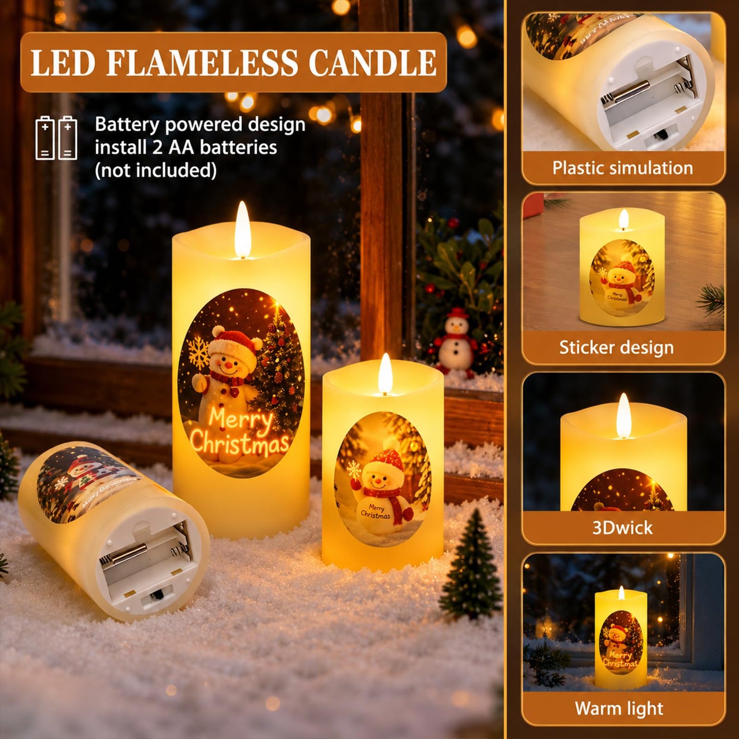 Tzgckui Flameless Candles, Battery Operated Led Flickering Flameless Candles 3 Pack for Christmas, White Cylindrical with Winter Scene, Remote Control & Timer, 4/5/6 Inch for Holiday Home Decor