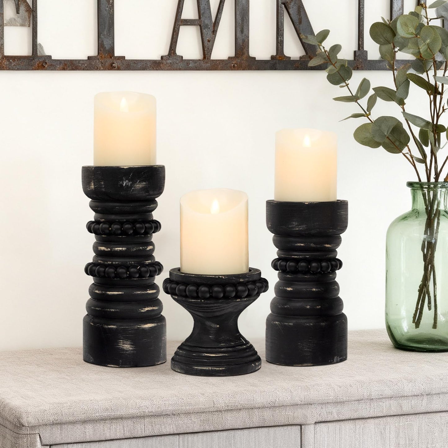 MODE HOME Rustic Black Wood Candle Holders Set of 3, Farmhouse Beaded Wood Pillar Candle Holder, Candle Holders for Pillar Candles & Candlesticks, Candle Sticks Holder Decor for Table Centerpiece