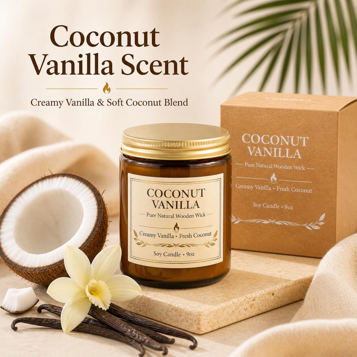 Coconut Vanilla Scented Candles for Home, 9oz Long Burning Soy Candles for Women, Wood Wick Natural Non Toxic Candle Jar, Aromatherapy Candle Gift for Home Bedroom Bathroom Office