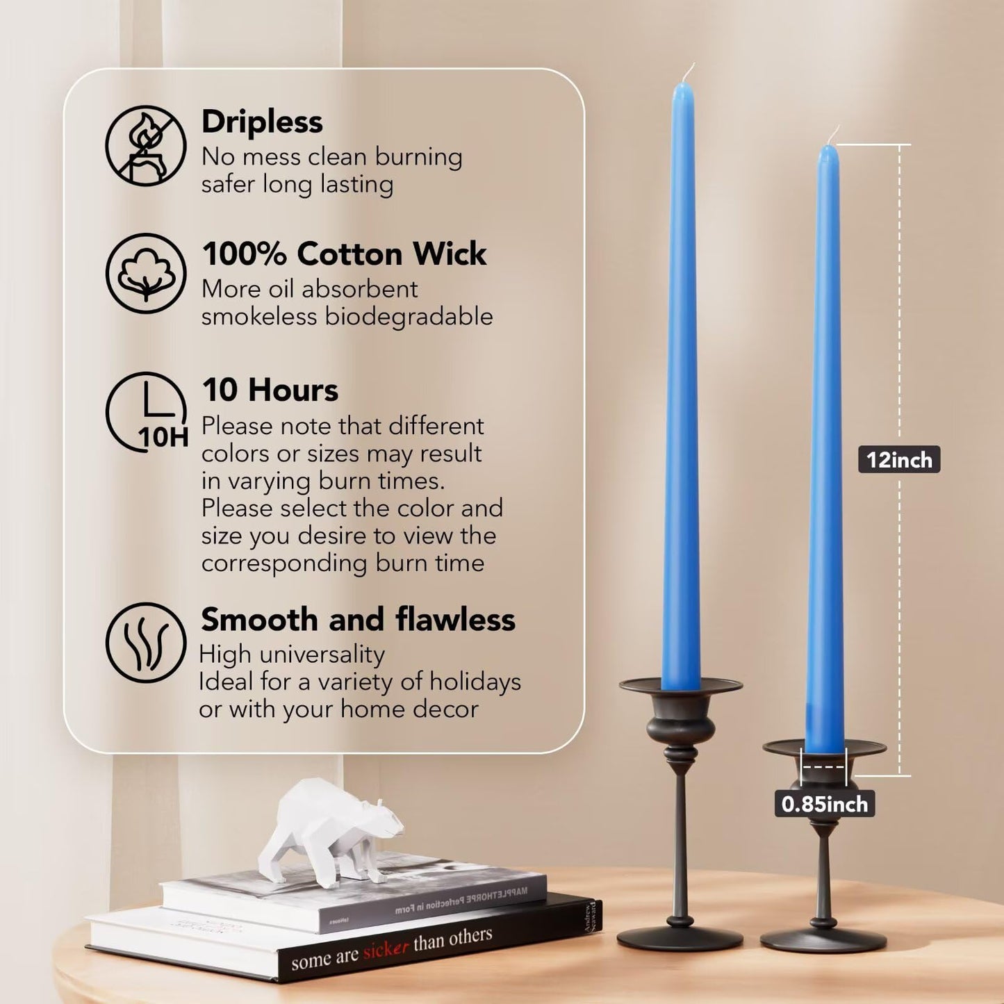 Pickood 12-Inch Tall Dripless Taper Candles Set of 4 - Baby Blue Tapered Candles, Perfect for Spring - Smokeless, Unscented, Long Burning - Hand Poured, Colored Tall Candlesticks - Light Blue