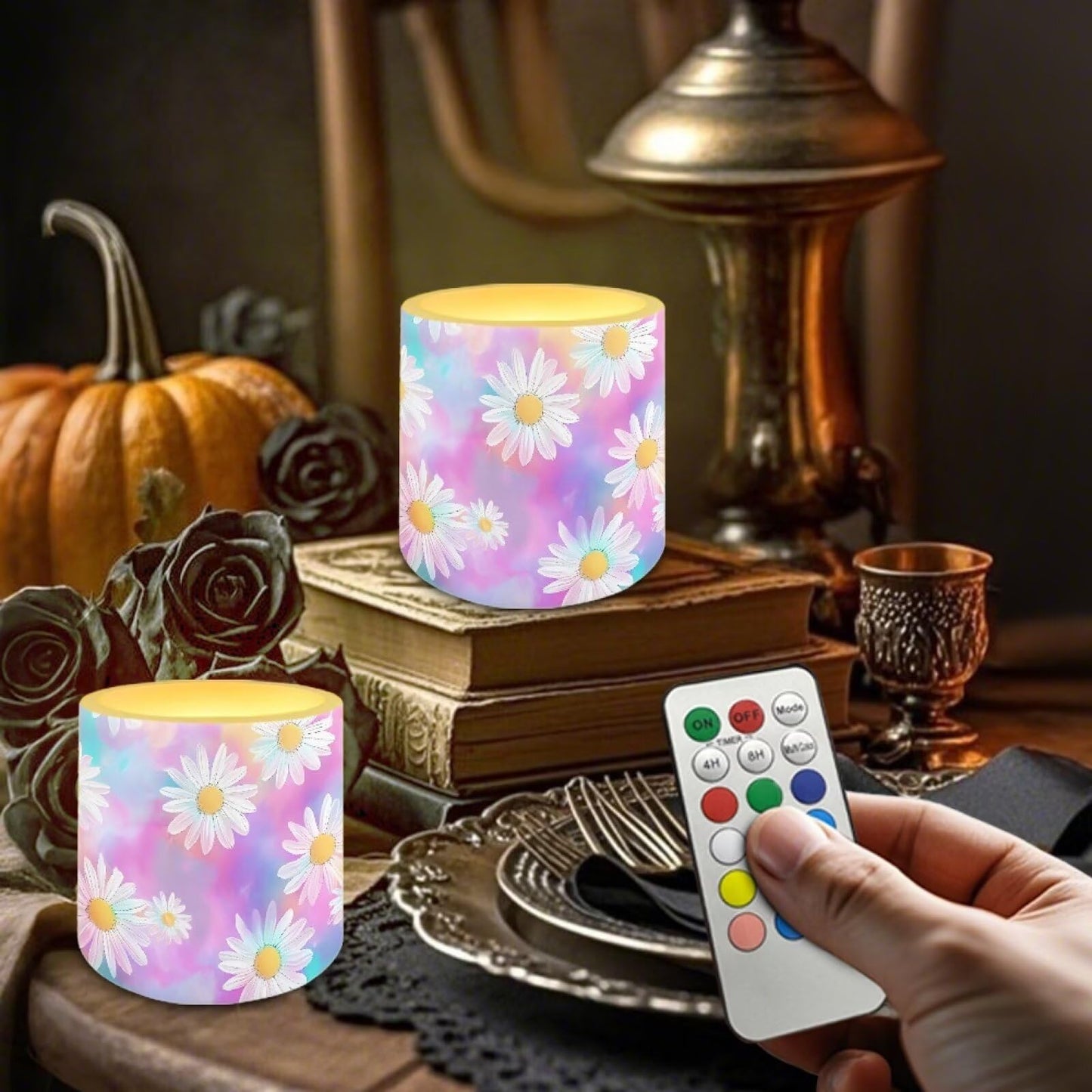 Cozeyat Pastel Floral LED Candles Set of 4 Battery Powered Flameless with Remote Timer Flickering Flame Waterproof for Home Table Garden Use