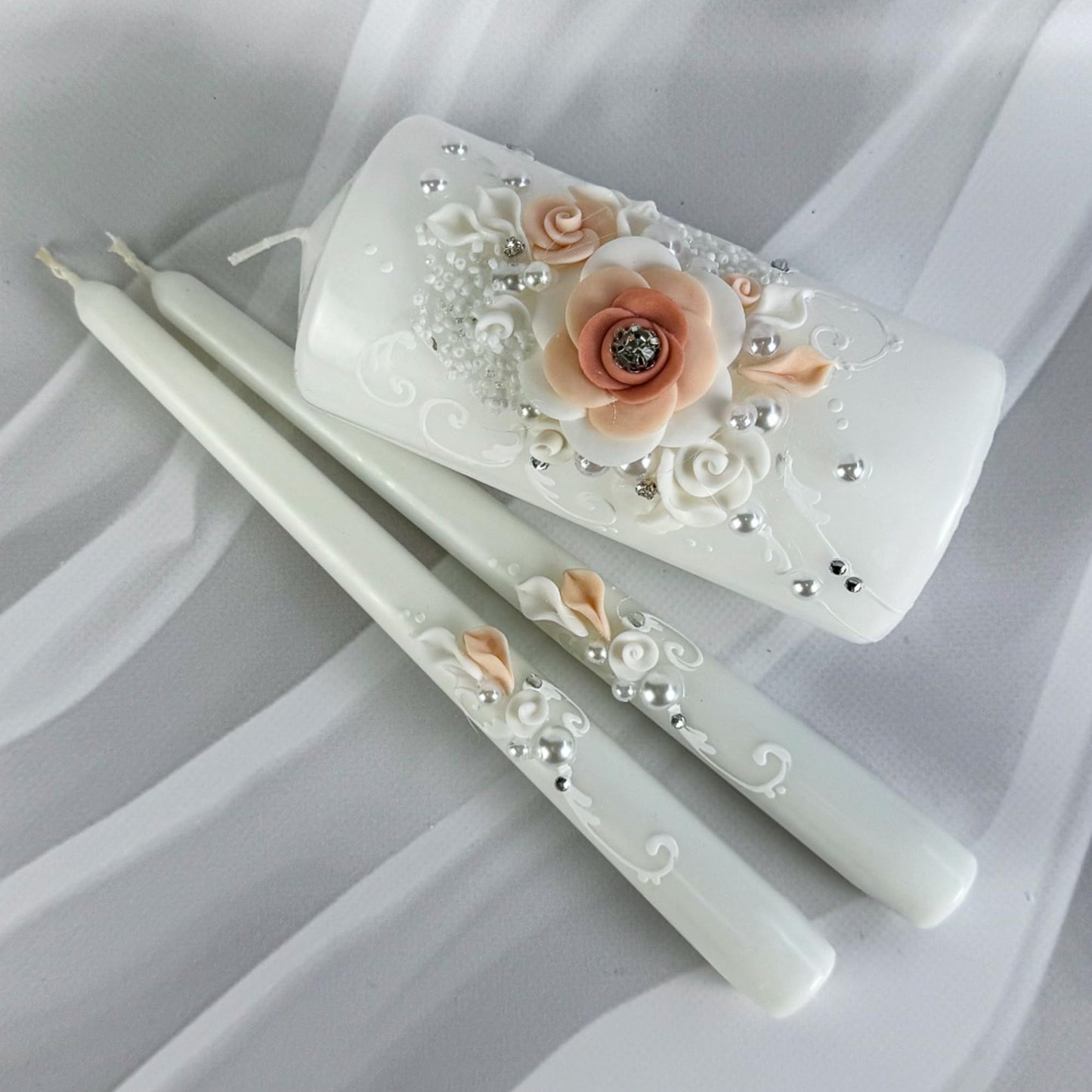 Magik Life Unity Candle Set - Wedding Ceremony & Reception – 6” Pillar & Two 10” Taper Candles – Long Burning Unity Candles for Marriage Ritual – Handmade in USA – White | Rose