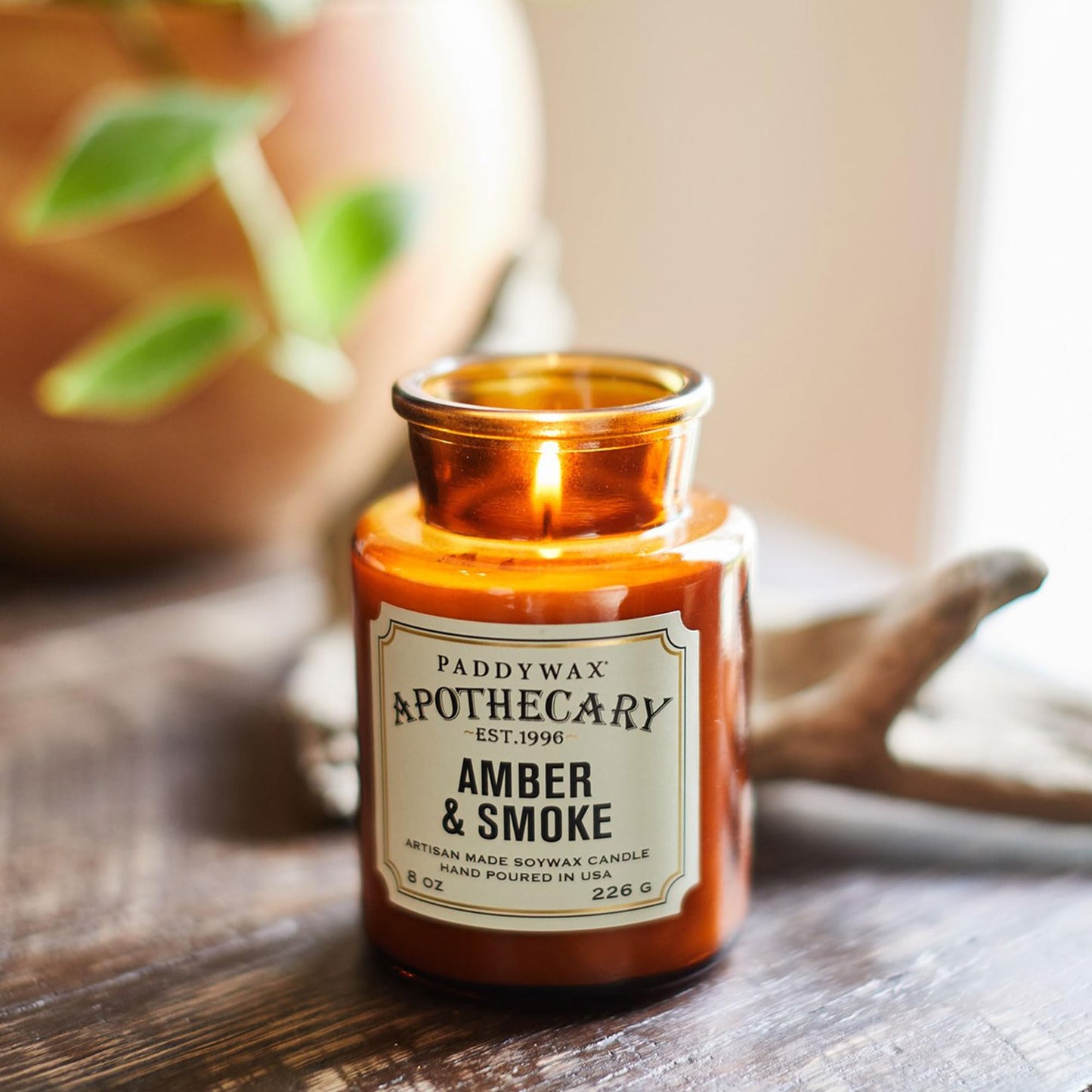 Paddywax Artisan Apothecary Scented Candle with Lid in Reusable Glass Jar, Clean-Burn Soy Candle with Approx. 54 Hour Burn Time, Amber & Smoke, 8 oz.