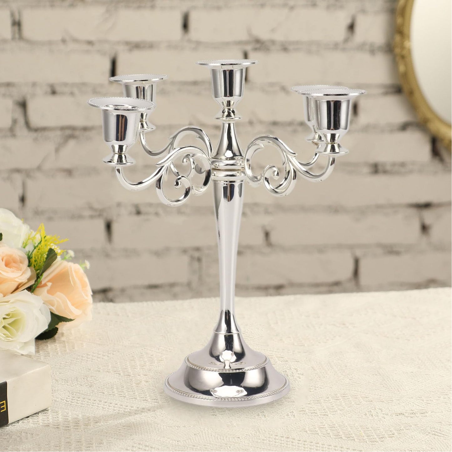 5 Arm Candlestick Holder, Iron Retro Decorative Candle Holder, Golden Metal Centerpiece for Home Church Dining Table, Sturdy Elegant 5 Arm Candle Holder with Fine (Silver)