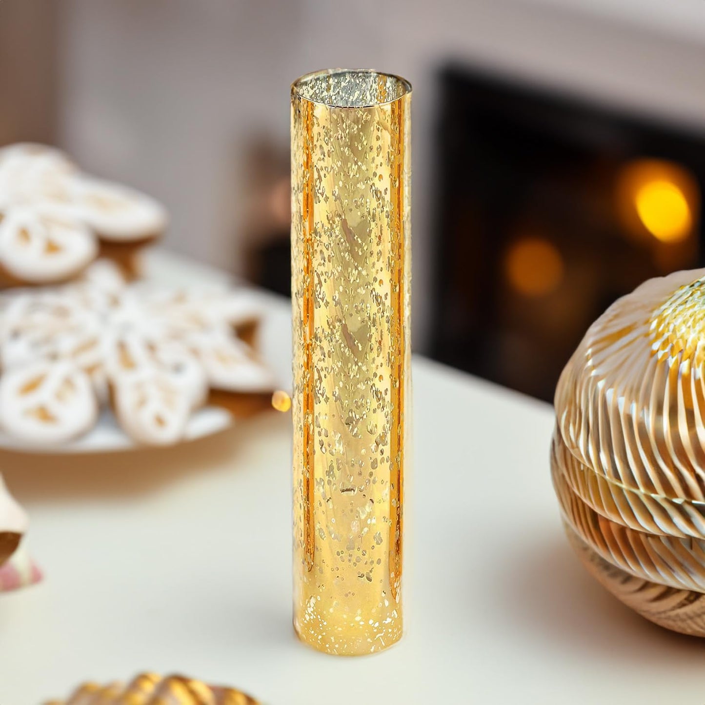 WGVI Hurricane Candle Holder Sleeve, W: 2.5", Ht: 14", Gold Speckled Glass Cylinder Open Both Ends, Chimney Tube Shade, 1 Piece