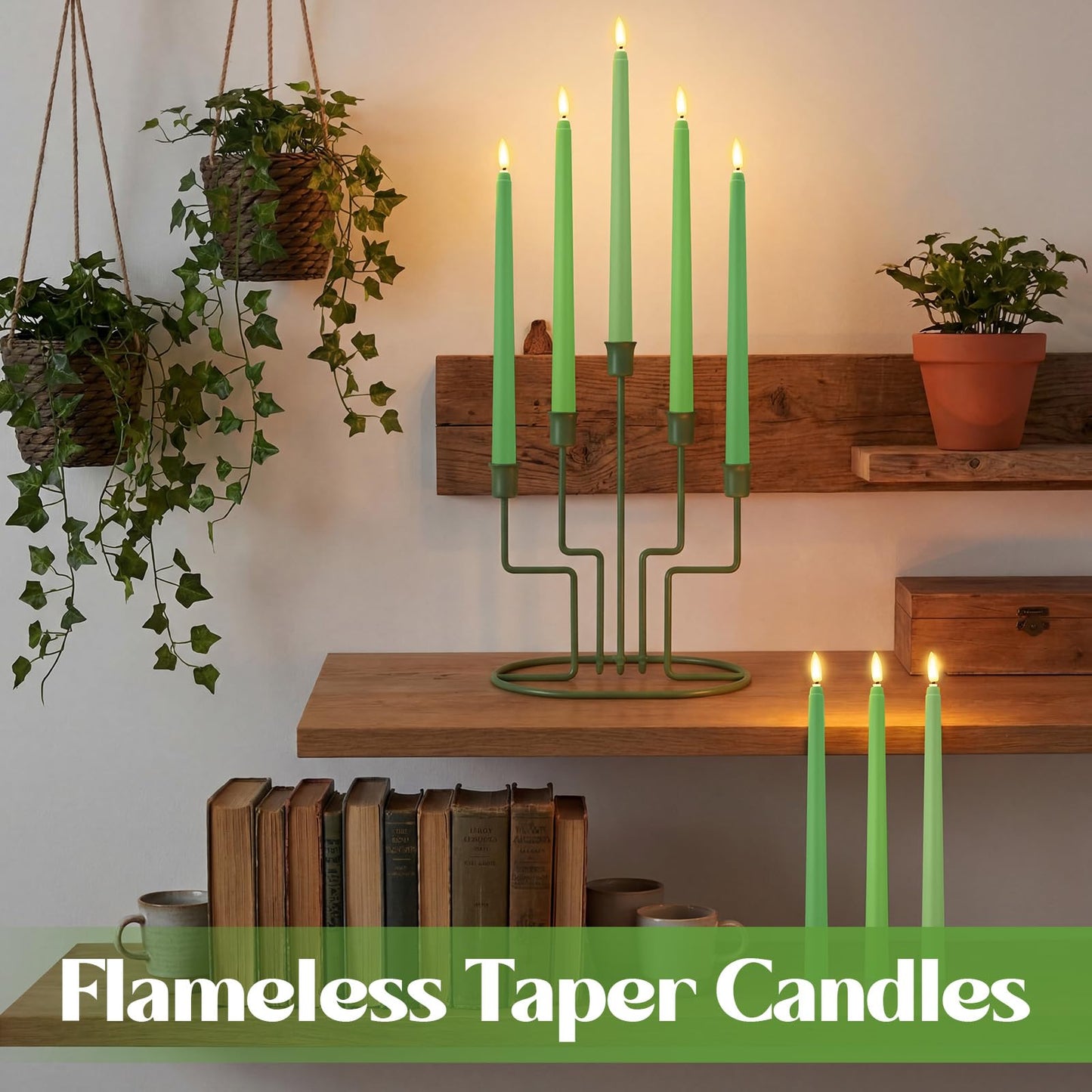 Macarrie 24 Packs Flameless Taper Candles Battery Operated Fake 11 Inch Long Candlelight LED Flameless Candlesticks Flickering Tapered for Spring Summer Wedding(Spring Green)