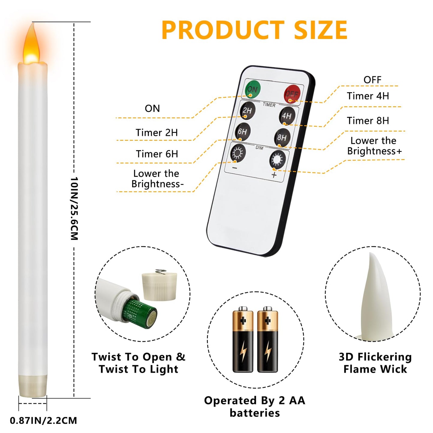 wemarry Flameless Taper Candles 10" Dripless Battery Operated Taper Candles Included Remote Timer 400+ Hours by 2AA Batteries for Halloween Christmas Wedding (White, 12 Pack)