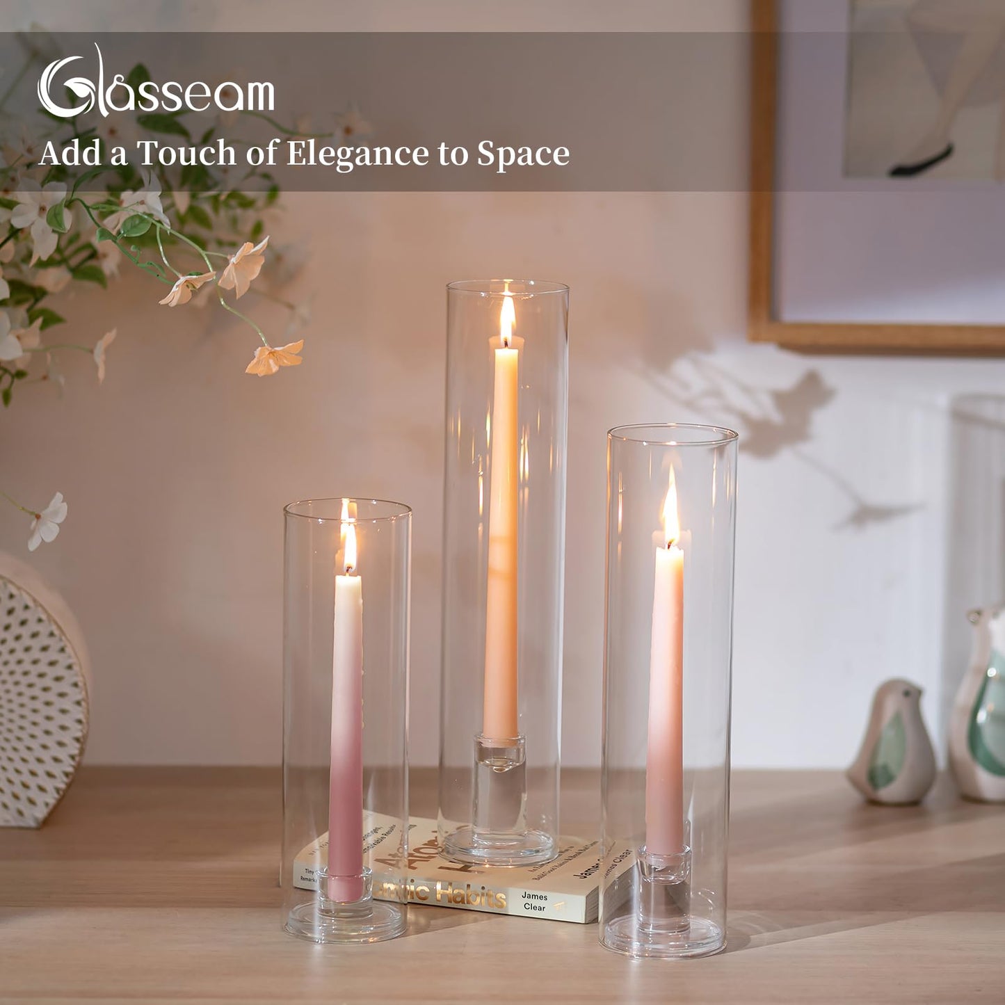Glasseam Hurricane Taper Candle Holders: Set of 3 Glass Candlestick Holders with Clear Tall Cylinder Candle Sleeves for Centerpiece Table Outdoor Wedding Home Decor 9.84''/11.84''/13.78''