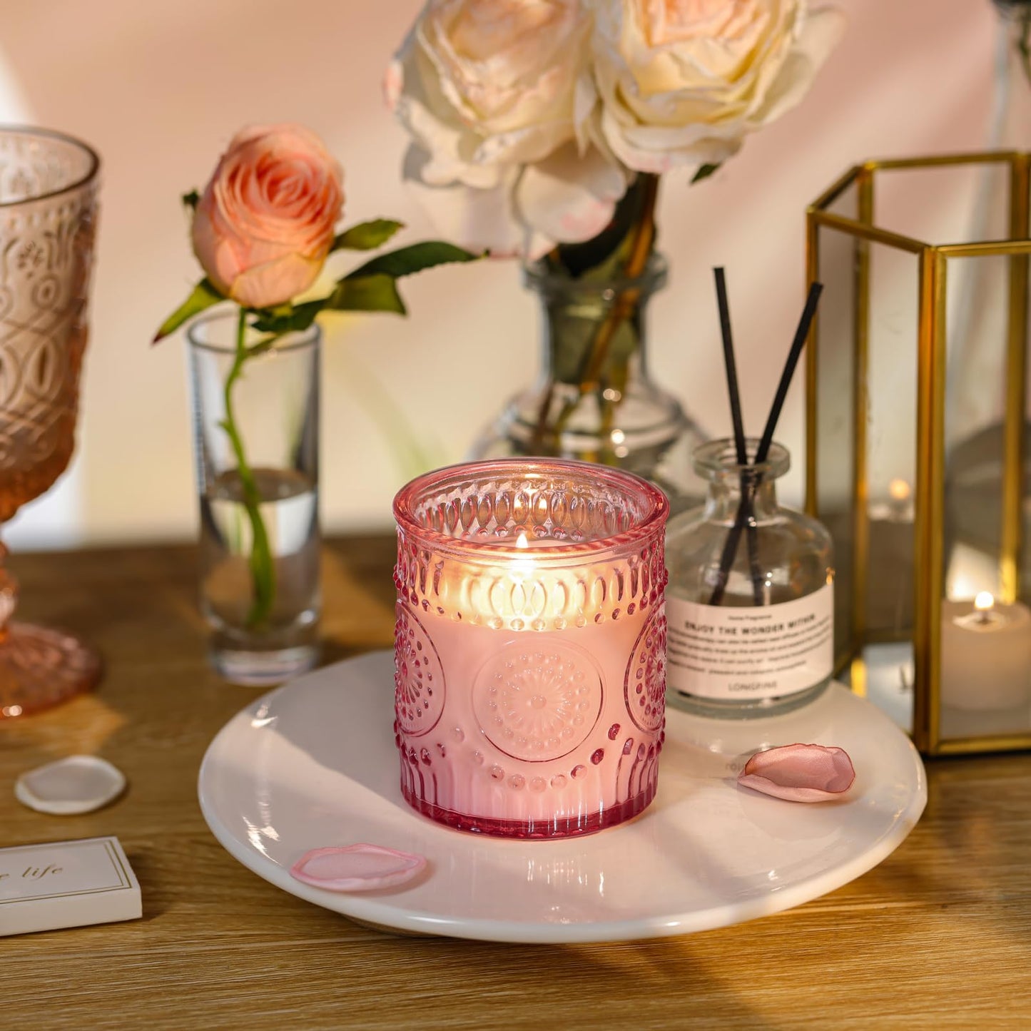 DARJEN Rose Scented Candles for Home- 5.3oz 35H Natural Soy Wax Aromatherapy Jar Candlet, Decorative Aesthetic Candles for Master Bedroom, Date Nights, Self-Care Sunday, Luxury Gift for Women