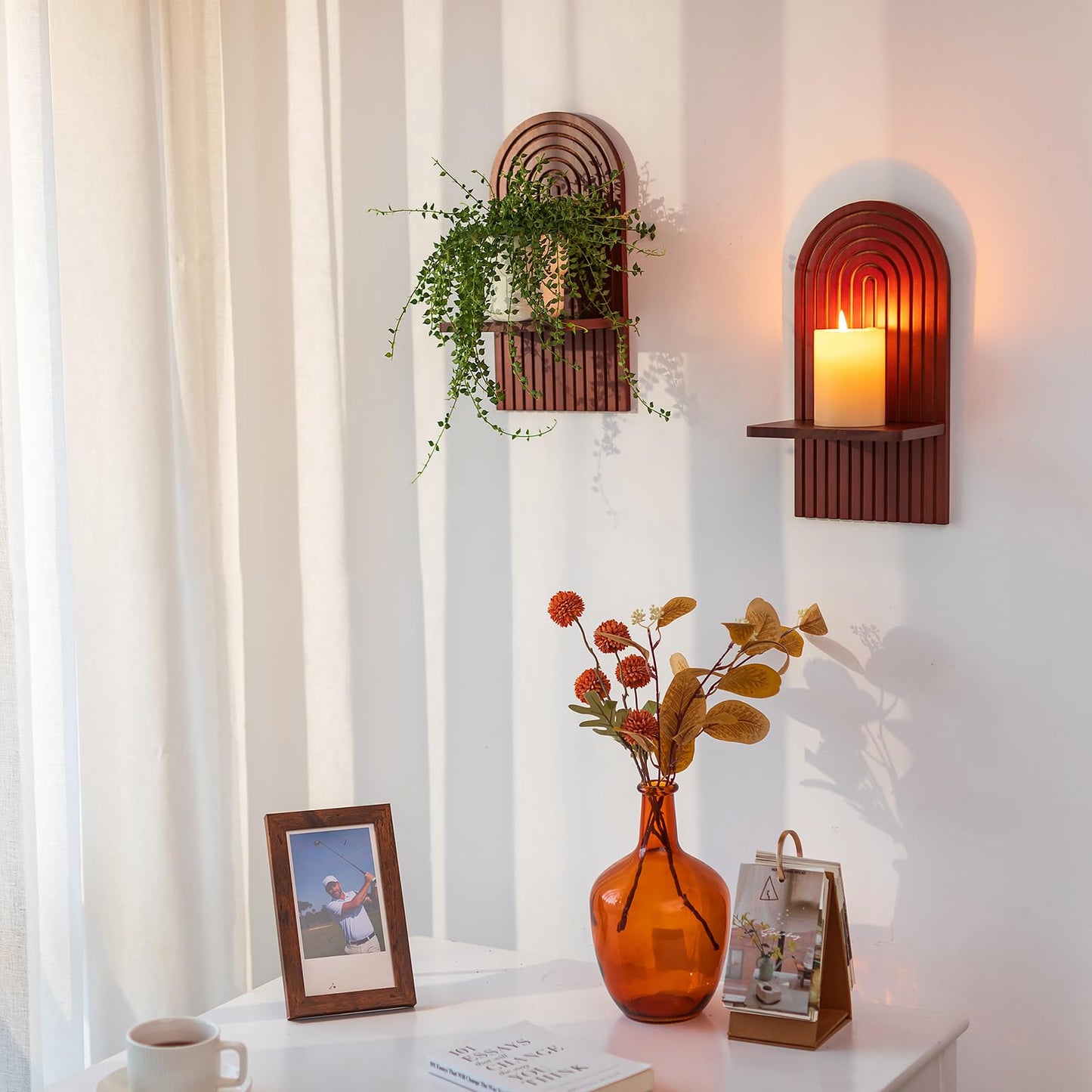 Walasis Mid Century Modern Candle Sconces: Set of 2 Walnut Boho Wall Candle Holder Decor for Living Room Fireplace - Arch Candle Shelf for Plants Pillars Candles
