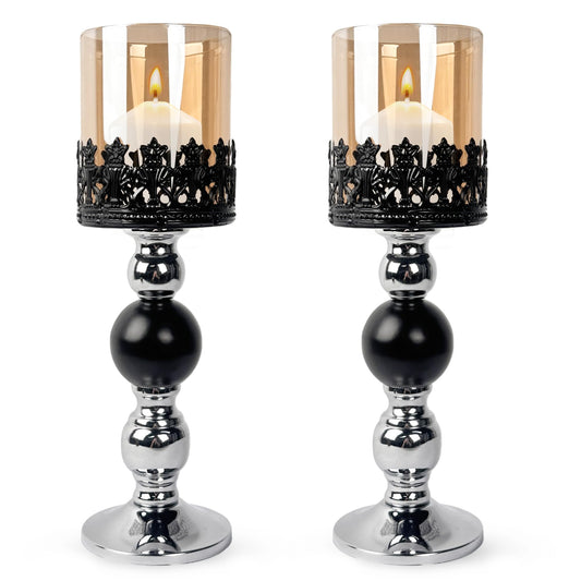 HiSnug Hurricane Candle Holders Set - Luxury Pillar Candlestick Holder with Amber Glass Sleeve, Metal Vintage Decorative Candleholders for Dining Table Centerpiece Shelf Home Decor, 2PCS, L+L, Black