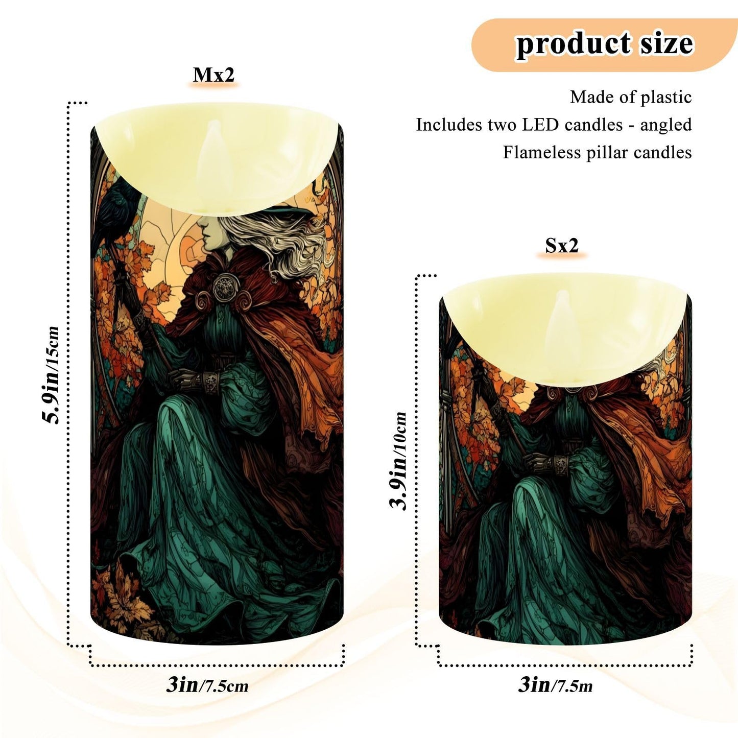 ZRYSMY Witch Crow Stain Glass Flameless LED Candles with Remote and Timer - 5.9”x3”, 2 Pack, Battery-Operated Flickering Pillar Candles for Home Decor