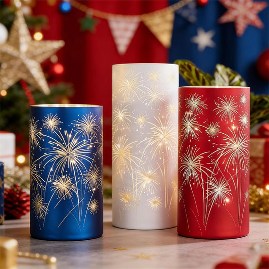 Set of 3 Celebration Fireworks Glass Hurricanes, New Etched Firework Starburst Glass Hurricane Lamp with LED Lights, 250 Anniversary America Centerpieces for Mantel, Dining Table (Warm Light-A)