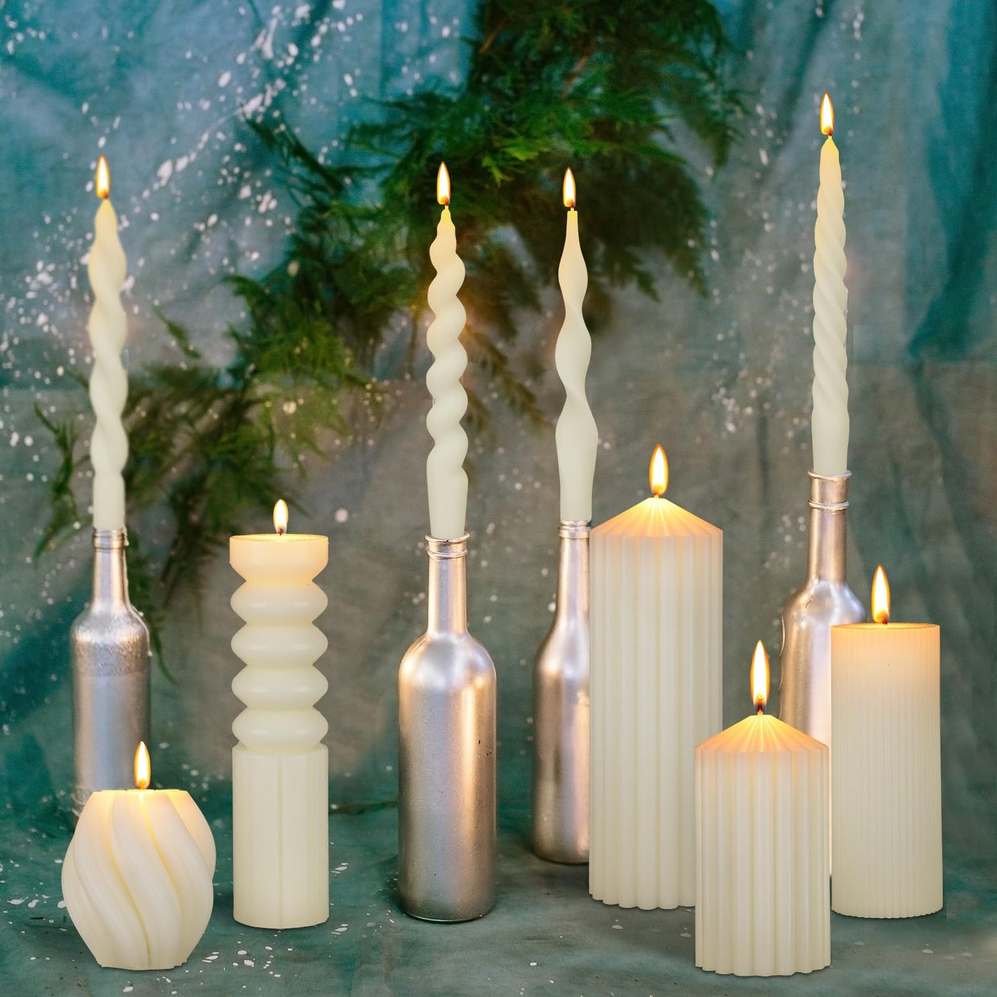 Nuanchu 9 Pcs Modern Decorative Candles Set 5 Pillar Aesthetic Ribbed Candles 4 Spiral Taper Twisted Candlesticks Scented Smokeless Soy Wax for Wedding Holiday Dinner Home Decorations(White)