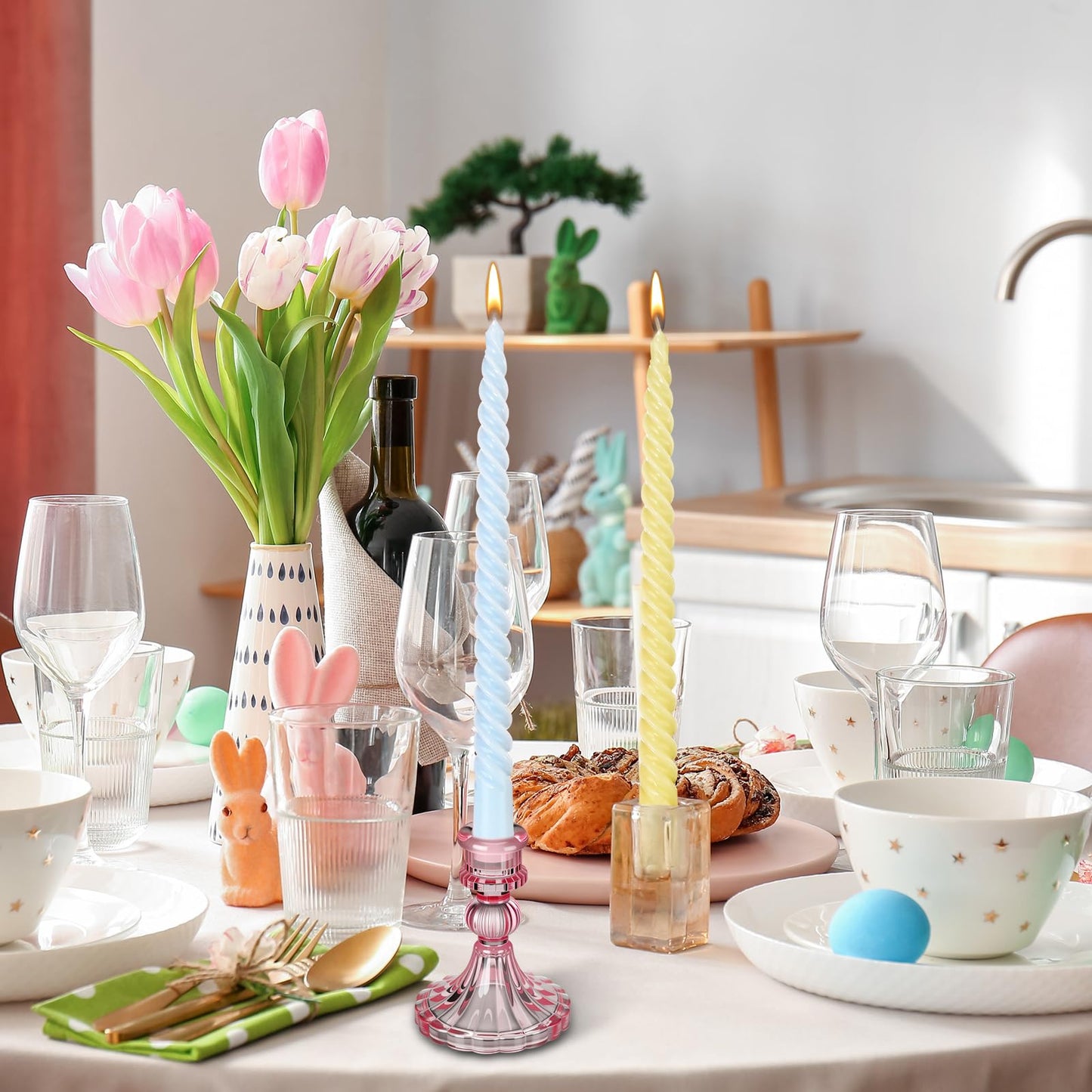 Nuanchu 25 Pcs Spring Spiral Taper Candles Set Pastel Colorful Twisted Wax Candlestick 10 Inch Unscented Dripless Long Tall Tapered Candlesticks Smokeless for Spring Dinner Wedding Party