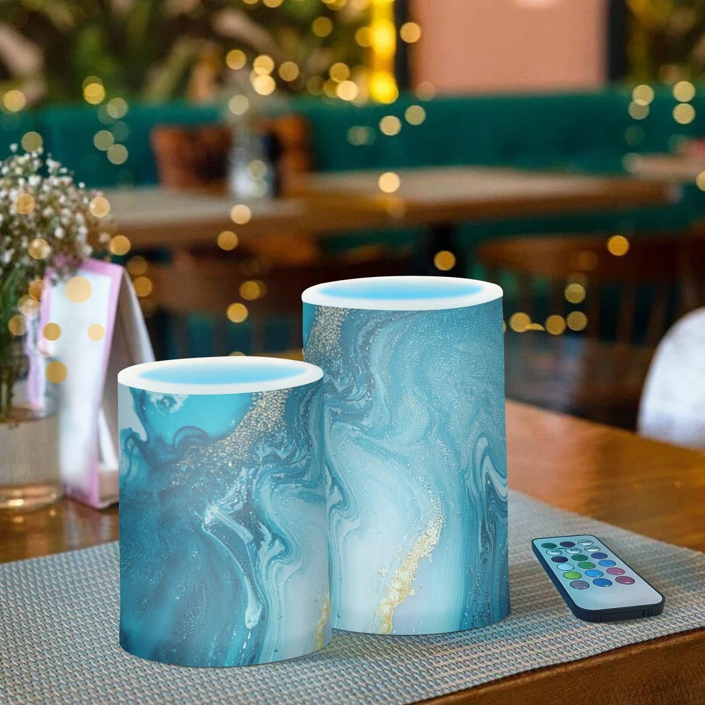 Qilmy Flameless Candles 2PCS,Abstract Ocean Marble Battery Operated LED Pillar Candles with Remote Control, Radiance Candles