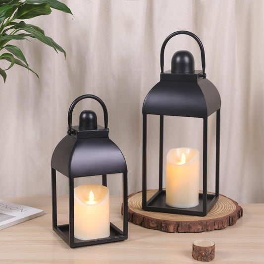 MATAHUM Lanterns Decorative Indoor Outdoor 15" 11" Set of 2 Lantern Decor Black Metal Candle Lanterns with Flameless Candles, Outdoor Lanterns for Porch Patio Wedding Mantle Home Decor