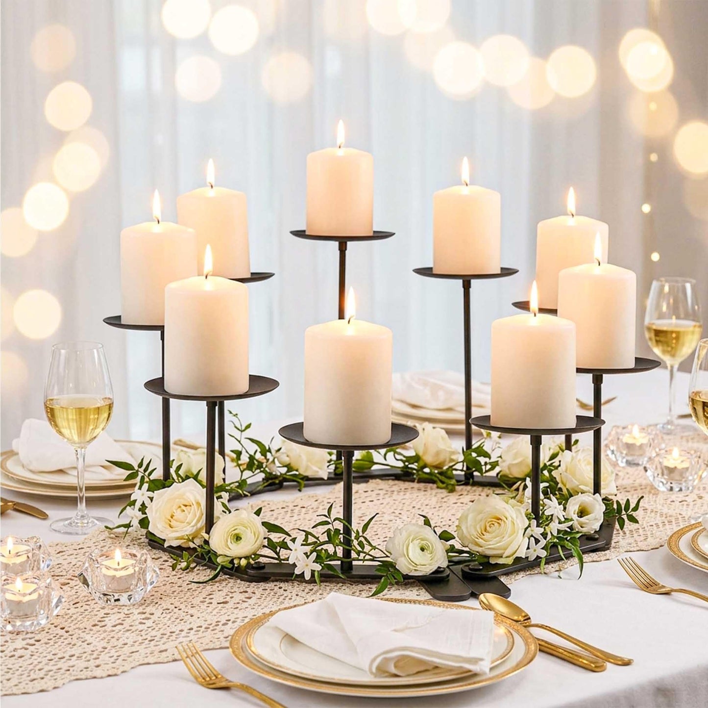 Candelabra Fireplace Candle Holder: 9 Black Iron Candelabra Fireplace Candle Holder for Pillar Candles