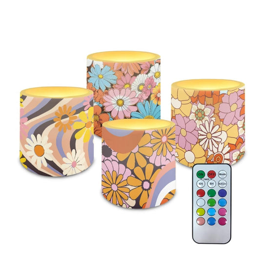 NETILGEN Hippie Daisy Flowers Flickering Flameless LED Candles with Remote Control and Timer Pack of 4 Color Changing Battery Operated Pillar Candles for Home Decor