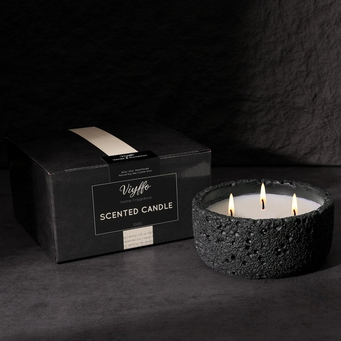 Viyffo 20oz Large Scented Candle - Sage & Eucalyptus, 3 Wick Home Scented Candle, Non Toxic Soy, Black Textured Ceramic Jar, Luxury Fragrance, Modern Home Décor & Summer Gift for Men and Women