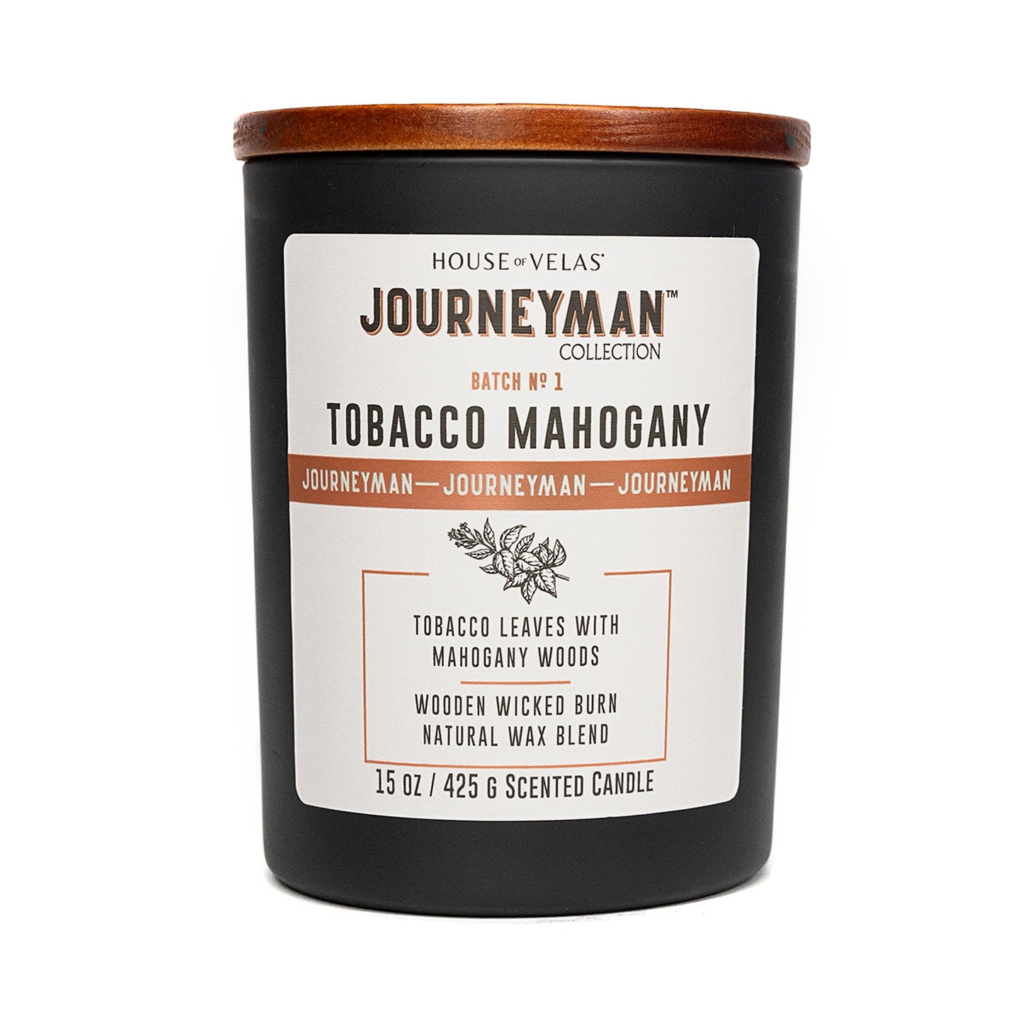House of Velas Journeyman Collection Candle, 15oz, Wooden Wick, Tobacco Mahogany, Large Painted Jar