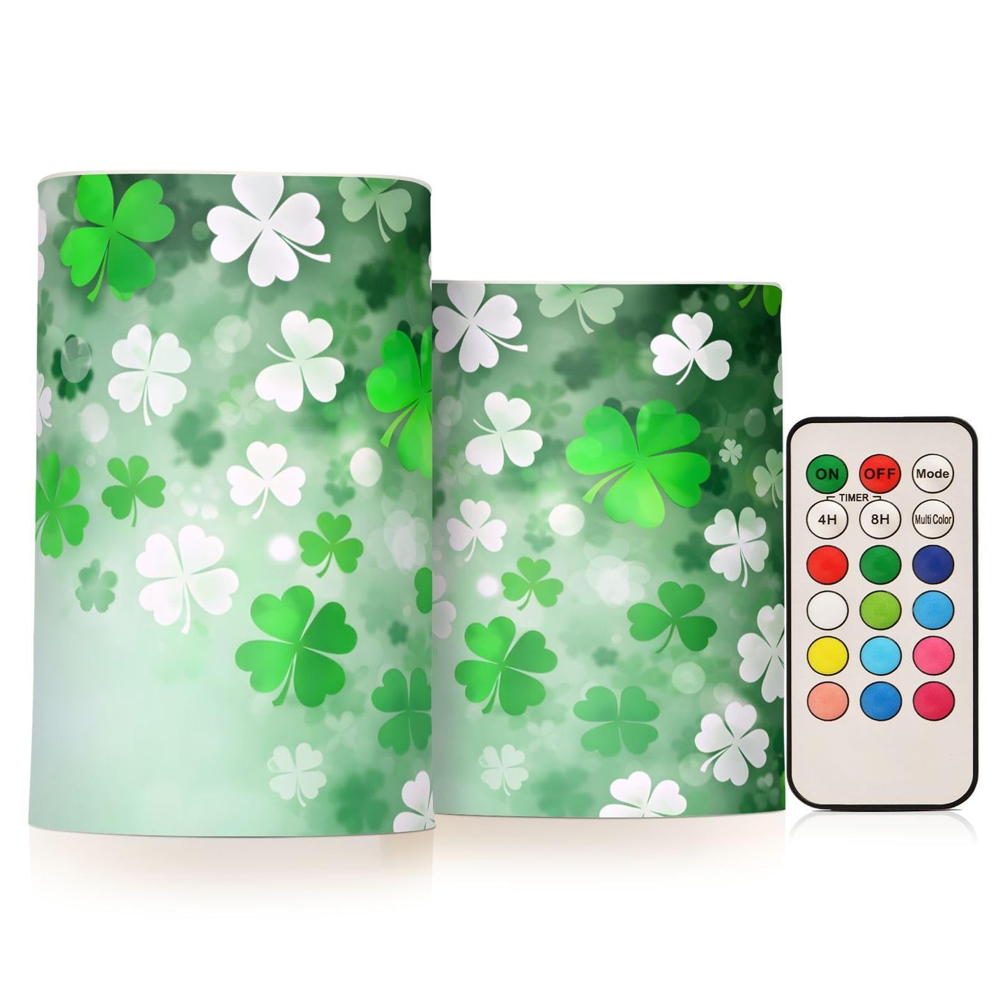 St. Patrick's Day Lights Flameless Candles St Patrick Day White Leaves Pillar Candles Set of 2 Battery Operated Remote Control Warm Lights Home Decor