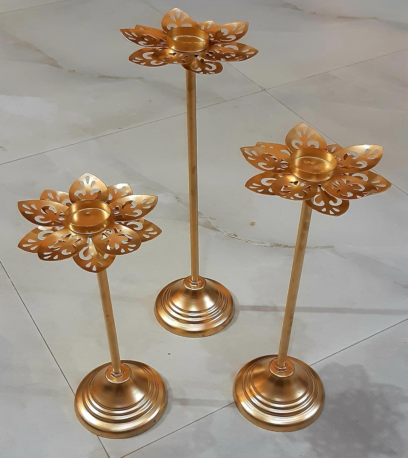 Decorative Lotus Tealight Candle Holder Set, 3 Pieces, Gold Metal, Floral Design