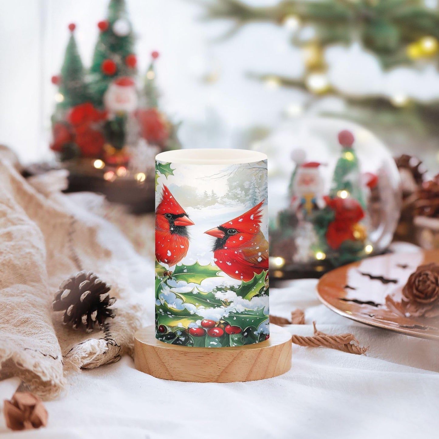 BOENLE Flickering Flameless Candles, Red Cardinals Holly Christmas LED Candles with Remote Timer, Set of 2 Battery Operated Candle for Valentine Wedding Birthday