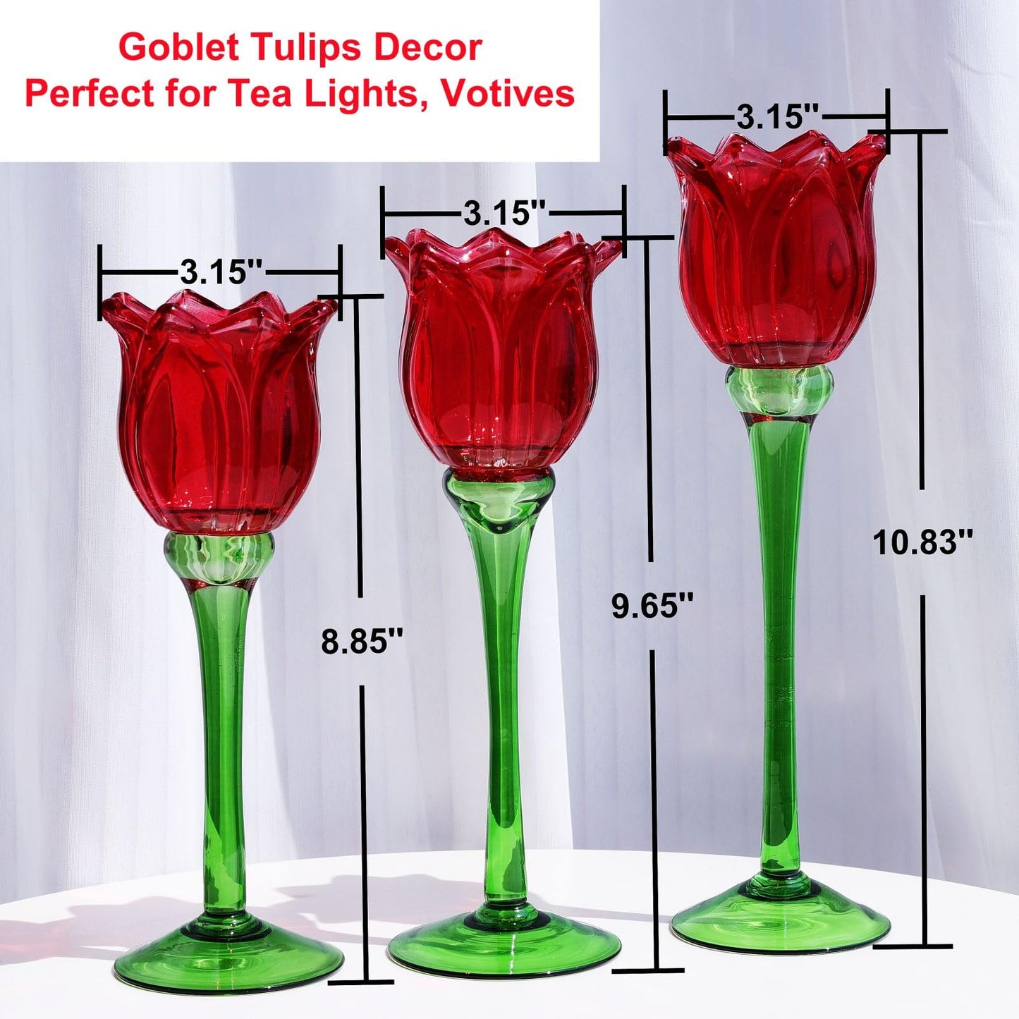 VOHO Red Tulips Candle Holders Gifts for Anniversary, Red Tealight Candle Holder for Christmas Holiday Valentines Decorations, Tulip Tea Light Candle Holders Glass Decor for Romance Tabletop(Set of3)