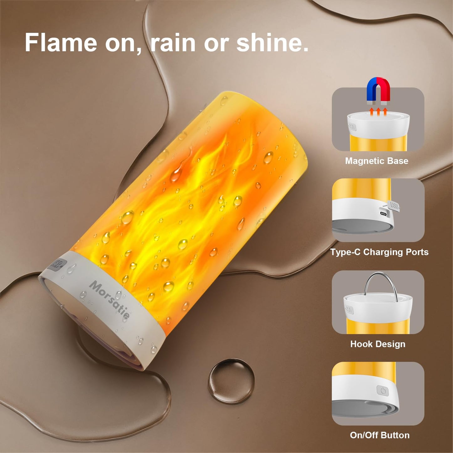 Morsatie【Upgraded LED Flame Light, Rechargeable Flickering Flameless Candles, 4 Modes Battery Operated Candles with Upside Down Effect, Waterproof LED Candles for Indoor Outdoor 1 PCS
