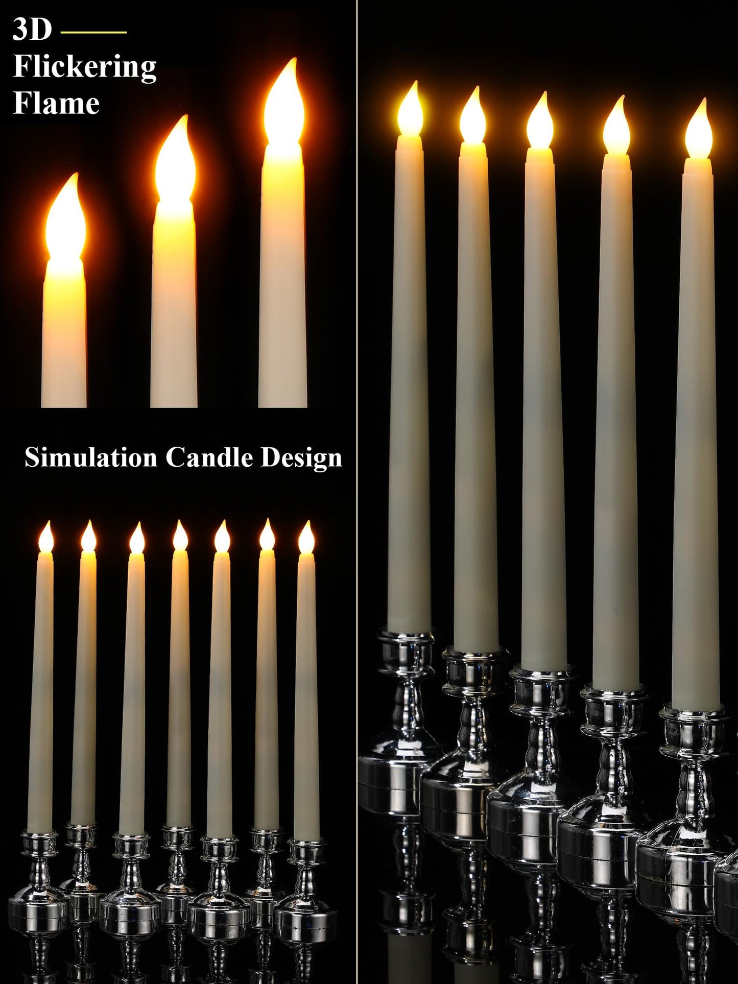 VIHOSE 24 Pcs Flameless Taper Candles with Holders Remote Timer Battery Operated Candles Bulk LED Candlesticks Flickering for Valentines Wedding Home Window Carnival Party Decor(Silver,Classic Style)