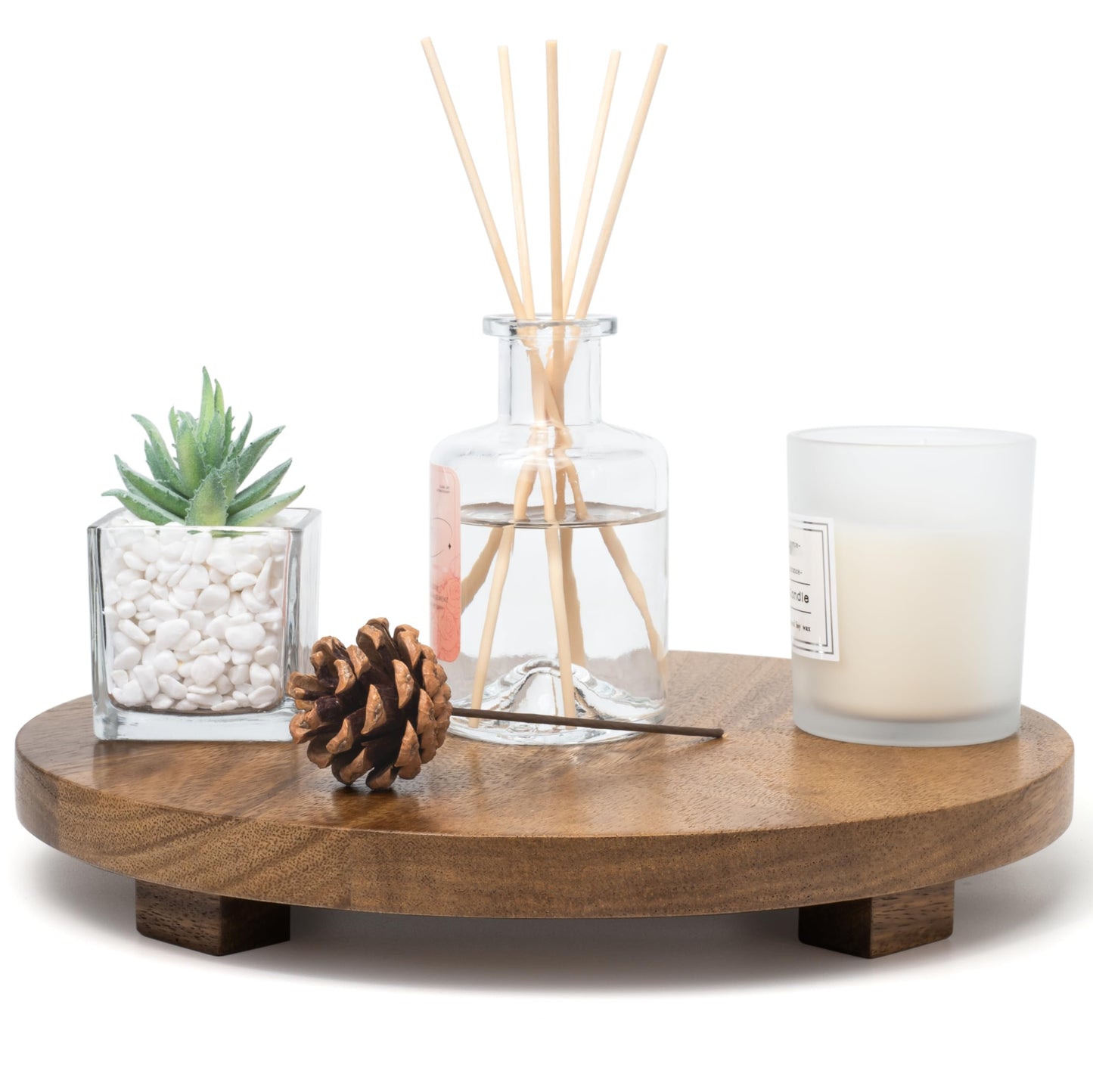 Zurklulu Round 11.8" Acacia Wood Decorative Tray – Farmhouse Wood Riser Pedestal Stand for Kitchen and Bathroom Decor, Counter Display, Vanity Tray (Large, 11.8" Dia)