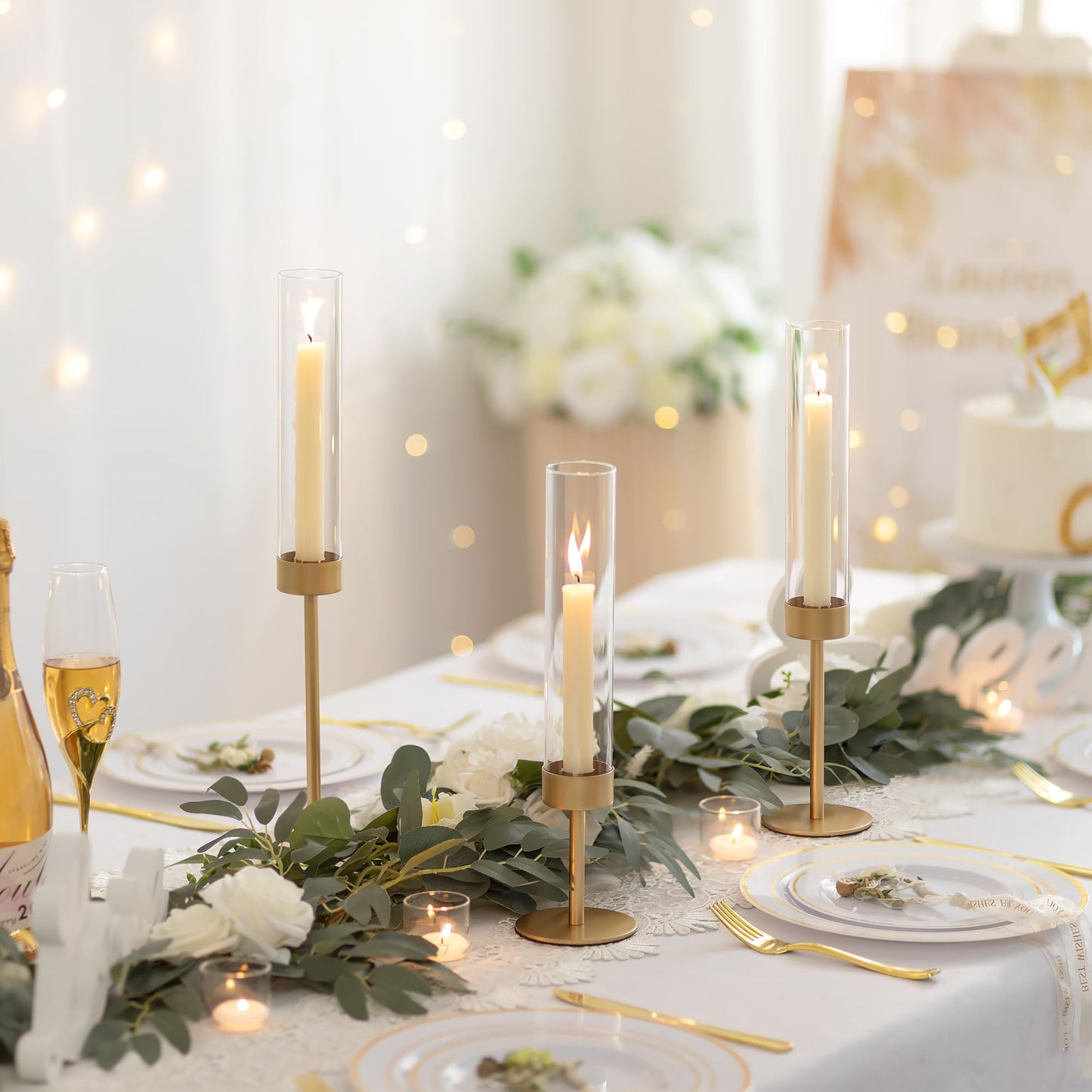 Glass Hurricane Candlestick Holders Gold - Romadedi Taper Candle Holder Tall Clear Glass Cylinder Table Centerpiece Wedding Decor Party Birthday Christmas Home Decorations Set of 3