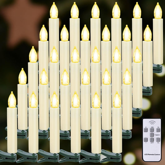 Kuandawei LED Christmas Candles, Flickering Clip on Candles for Christmas Tree, Battery Operated with Remote Timer, Warm White Light, Flameless Taper Candle for Home Christmas Decor, Set of 30