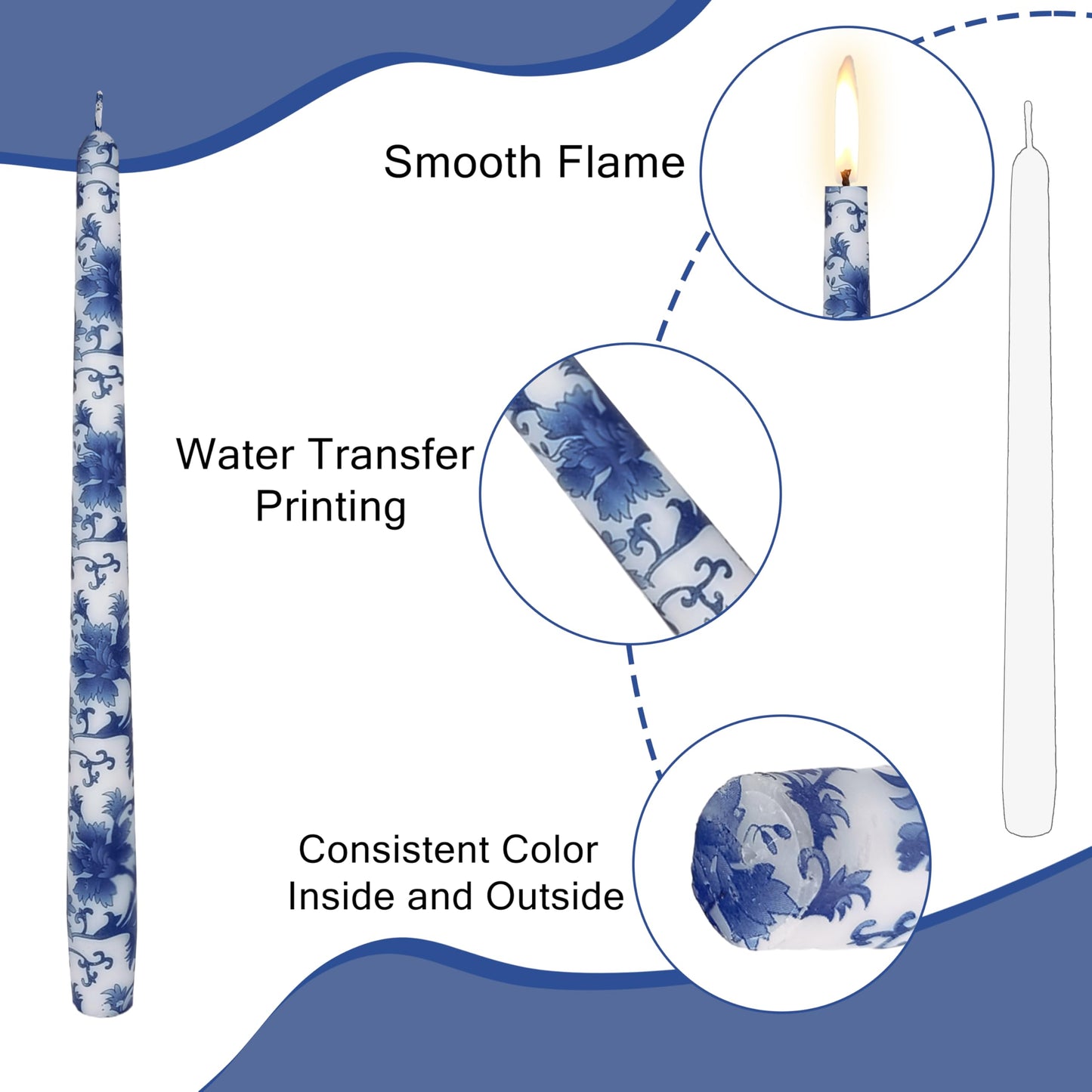 Blue and White Printed Candles Unscented Candlesticks 10 inch Hight Candle 2 PCS Handmade Taper Candle for Home Wedding Dinner Holiday Party