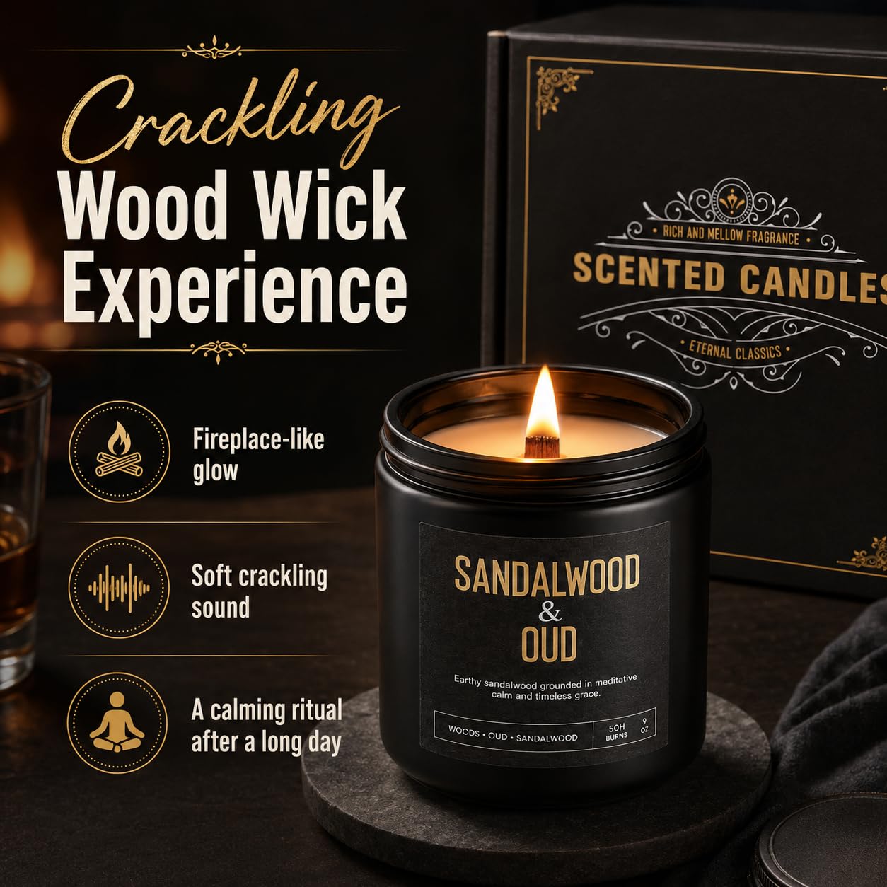 Men's Candle Gift Set, 4 Pack Crackling Wood Wick Soy Scented Candles, 36oz Masculine Aromatherapy Candles for Home, Up to 200H Burn Time, Thoughtful Gift for Fathers, Husbands and Men