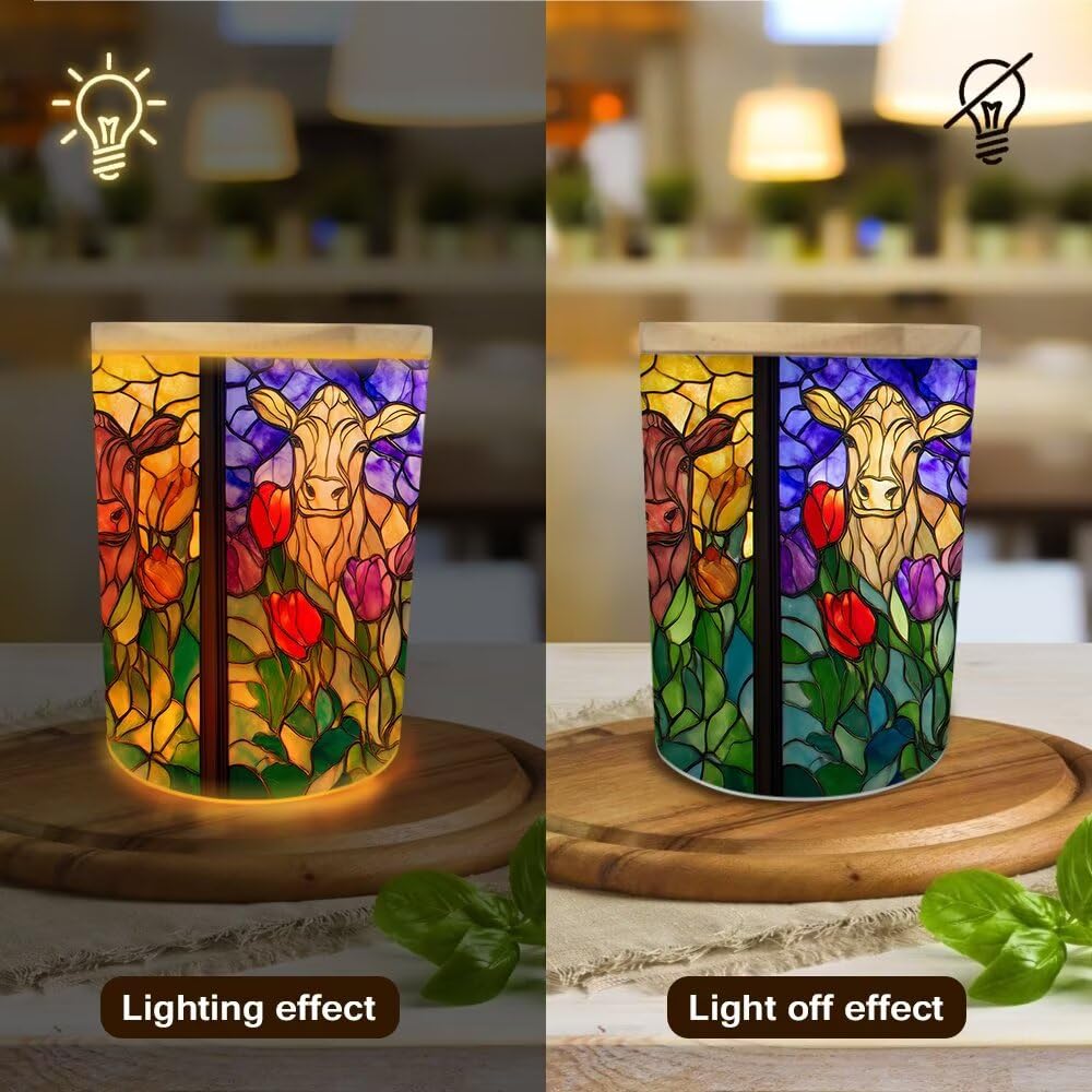 Stained Glass Cows Tea Light Candle Holders,Farmhouse Cattles Tealight Candle Holder Jar with Wooden Lid, Votive Candlesticks for Table Centerpieces, Christmas,Birthday Party,Home Decor