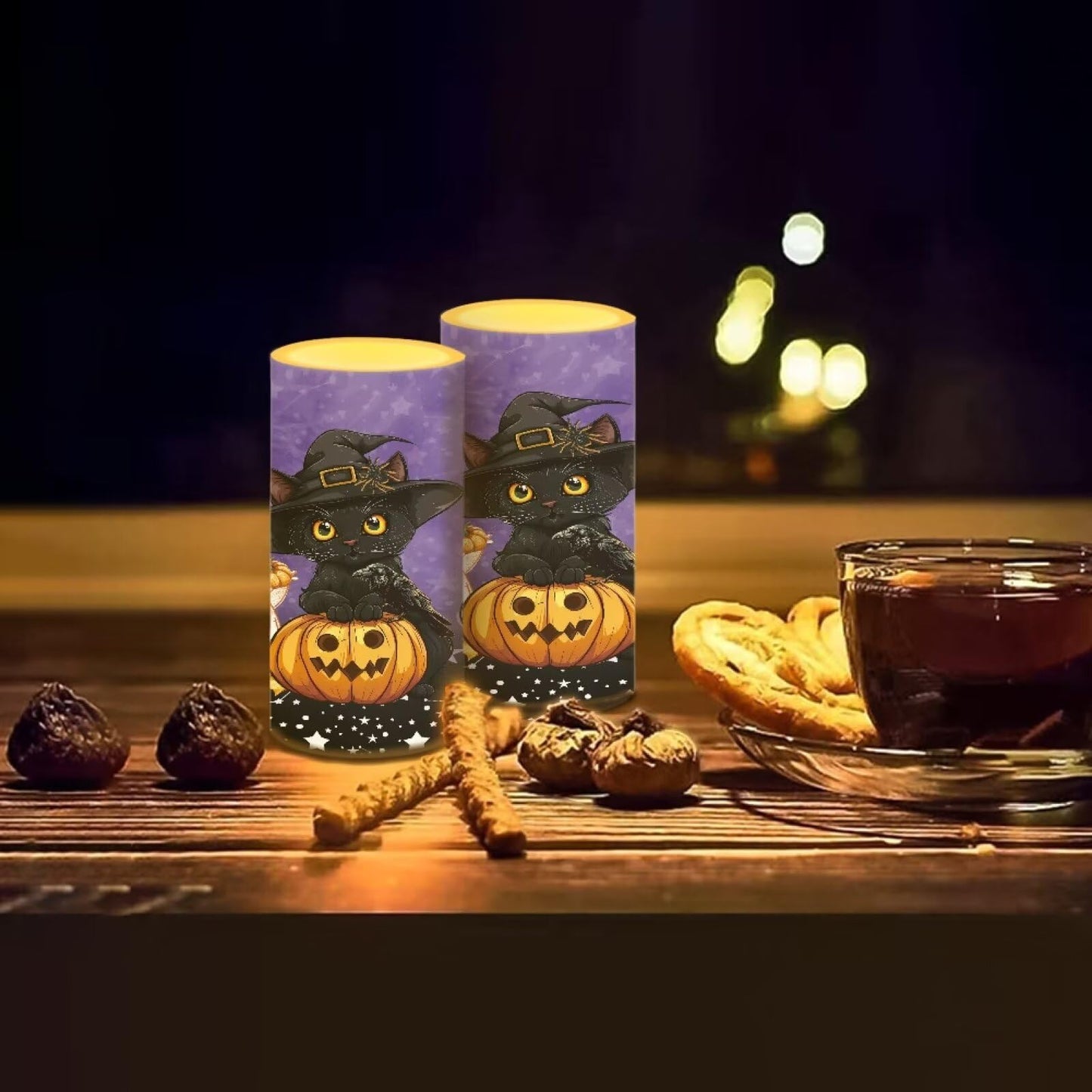 Luarisgur Halloween Flameless Candles with Remote, 2 Pack LED Battery Operated Candles for Halloween Party Multicolor Flameless Electric Pillar Candle with Black Cat Ghost