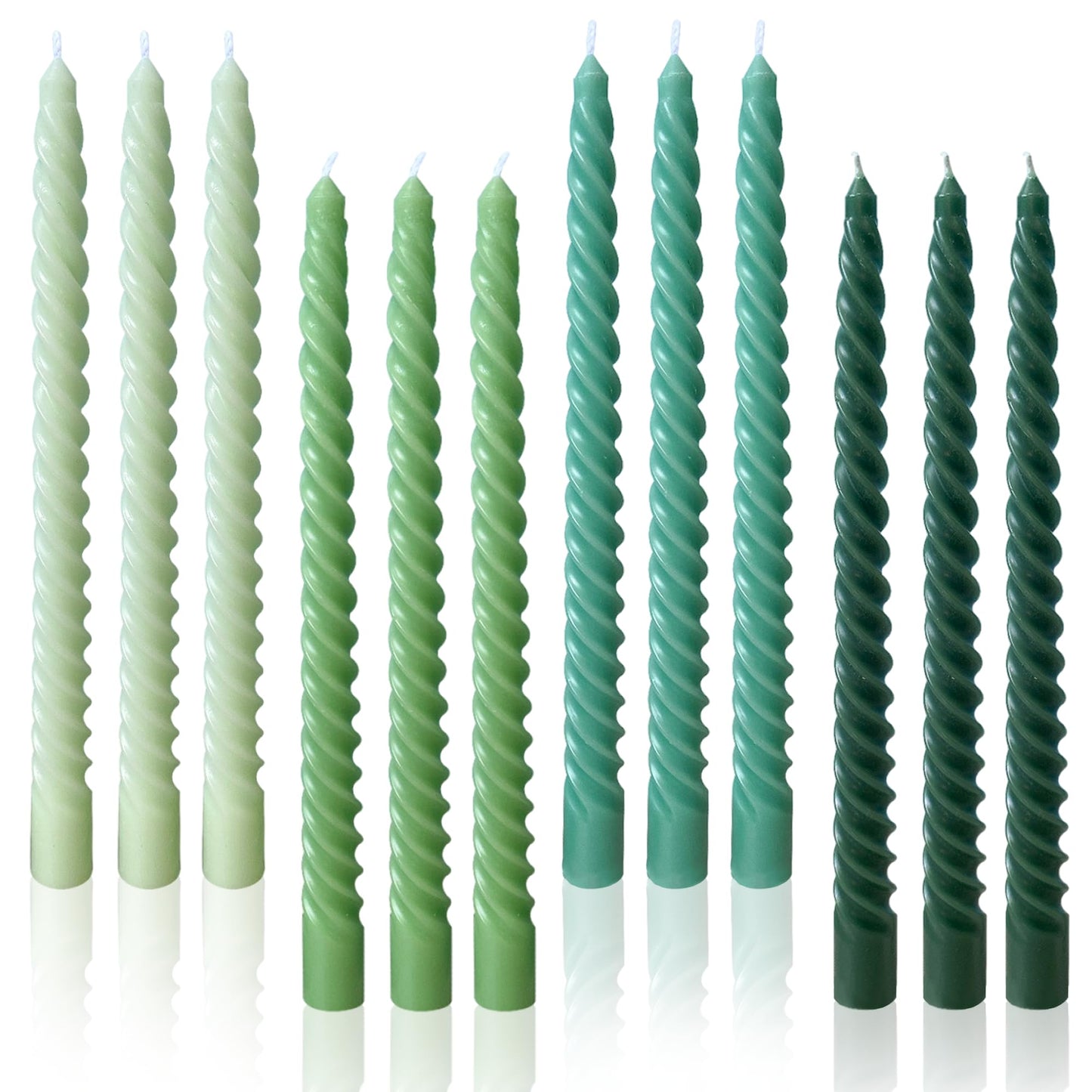 LPUSA Green Spiral Taper Candles Unscented Smokeless Long Tall Tapered Candles for Candlesticks Sticks Wedding Advent Home Decor Dinner Christmas,10 Inch,12 Pack(E-Gradient Green)