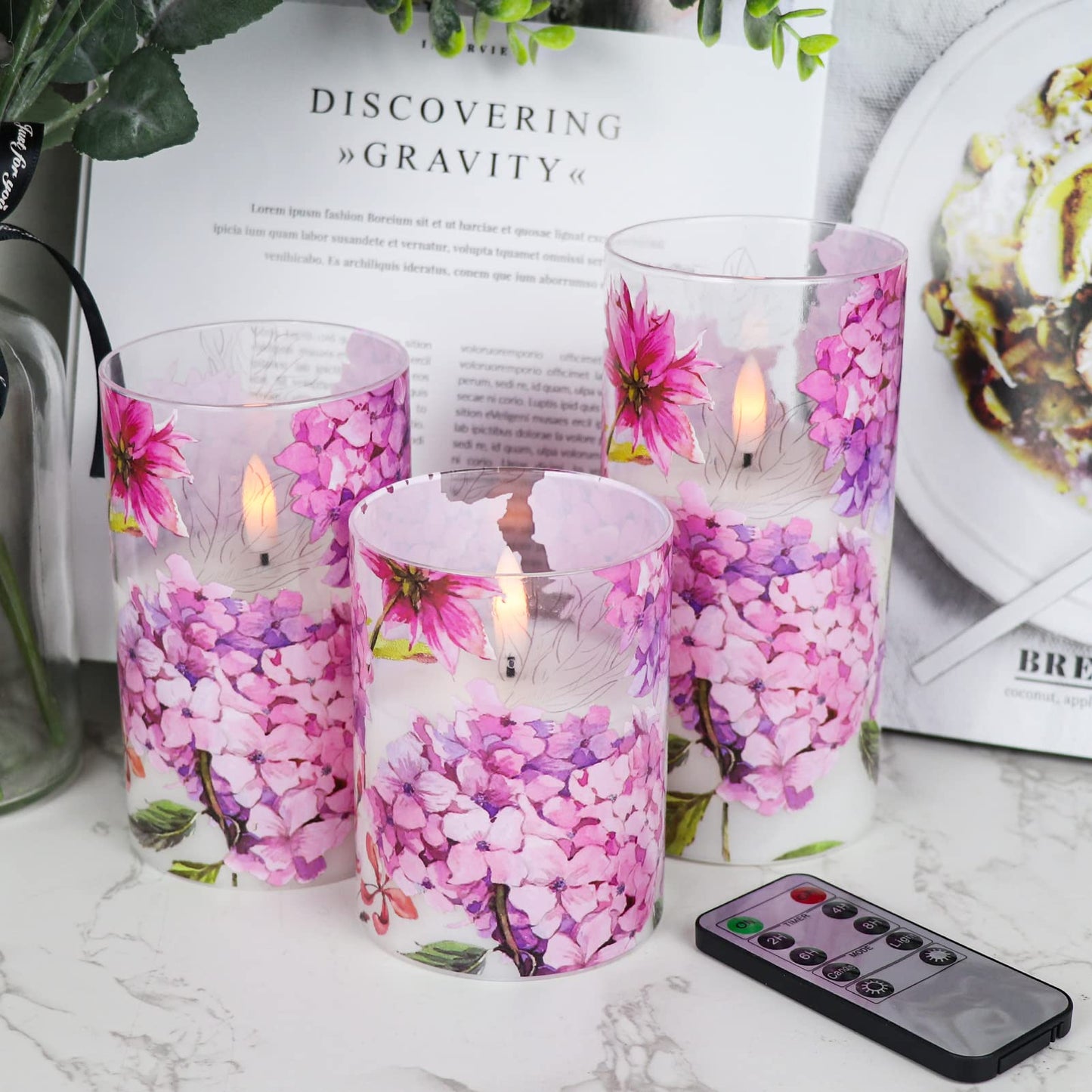 DRomance Pink Hydrangea Glass Flameless Candles with Remote Timer Battery Operated LED Pillar Candles Realistic 3D Wick Flickering Real Wax Wedding Dinner Holiday Decor Candle 3 x 4,5,6 Inches