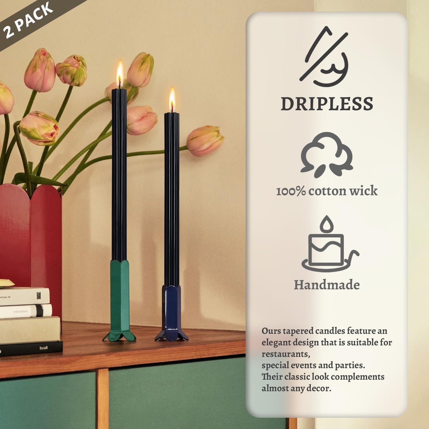 Dripless Taper Candles Unscented Black Long Taper Candles Smokeless 10 Inch Roman Column Design Dinner Candlesticks for Home Decoration Halloween Gifts(2Pcs)